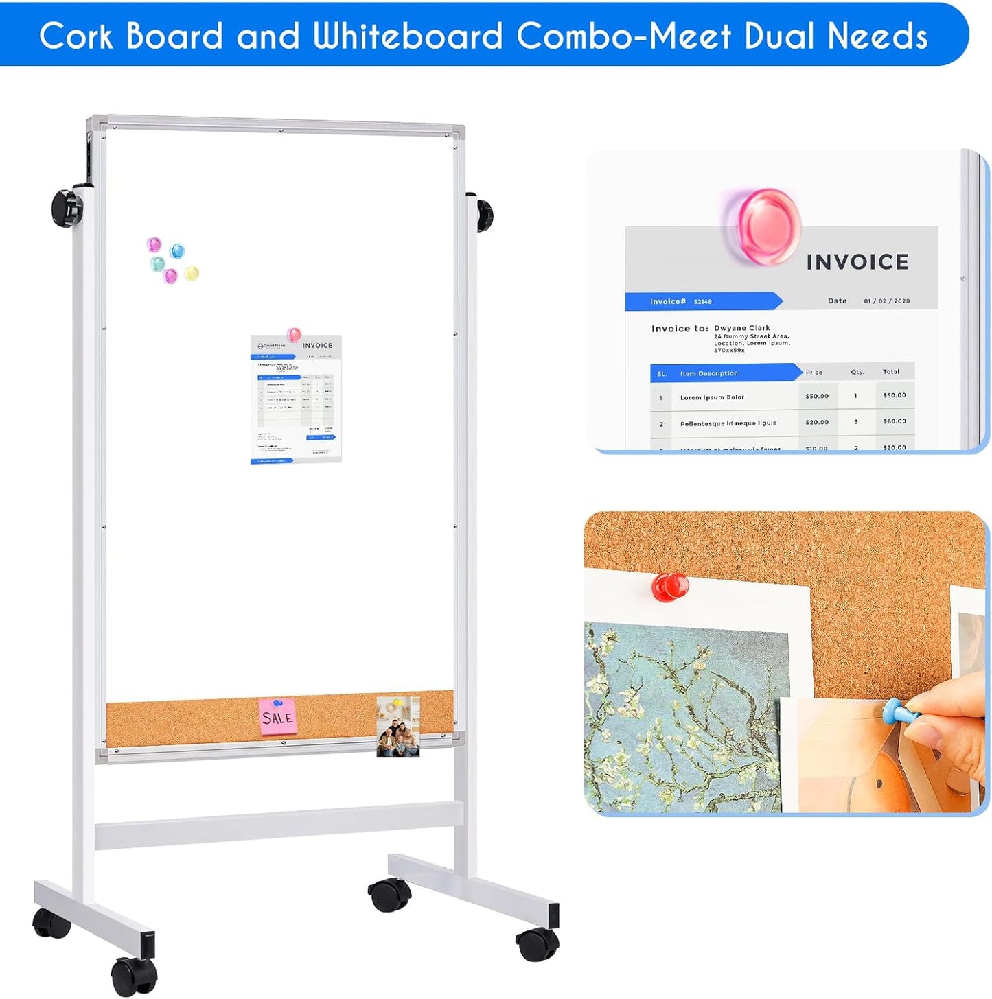 maxtek Rolling White Board, 44x28 Inches Magnetic Cork Board Combo, Portable Double-Sided Dry Erase Board on Wheels, Height Adjutable Easel Board for Home, School, Office