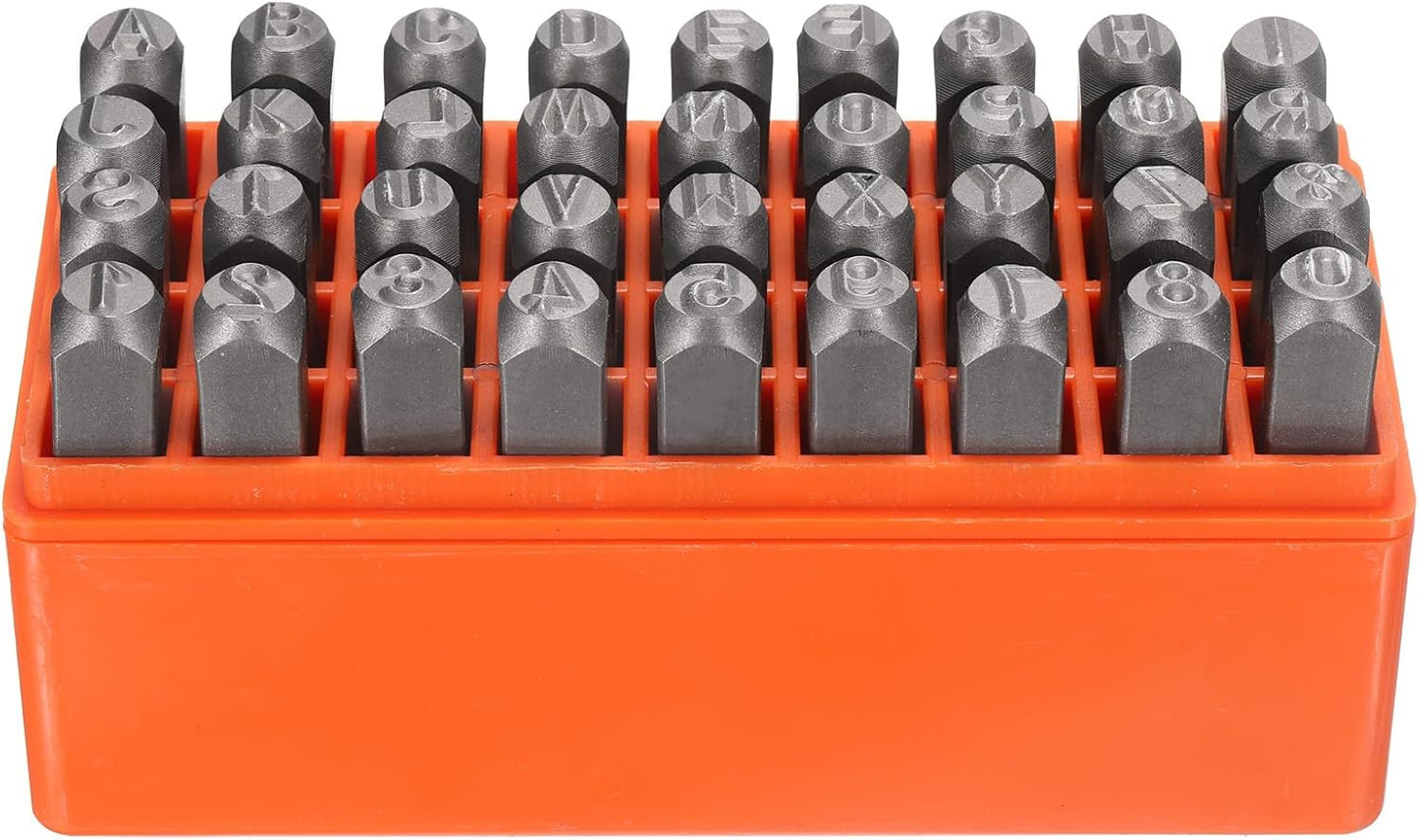 HARFINGTON 36pcs Metal Stamping Kit 5/16" (8mm) Steel Uppercase Letter and Number Punch Set (A-Z / 0-8 / "&" Symbol) Punch Press Tool with Case for Imprinting Metal Plastic Wood Leather