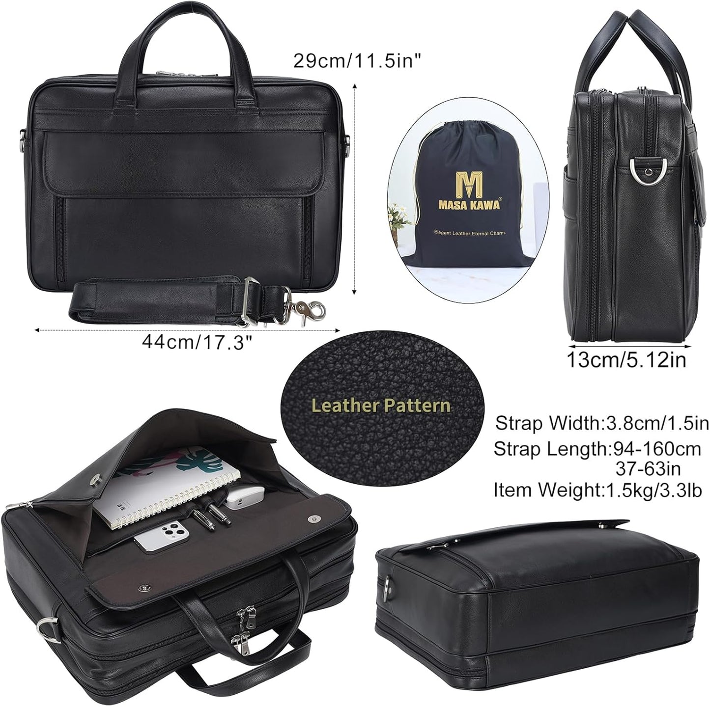Masa Kawa Leather Briefcase for Men 15.6" - 17" Laptop Computer Case Business Travel Work Messenger Cross Body Shoulder Bag