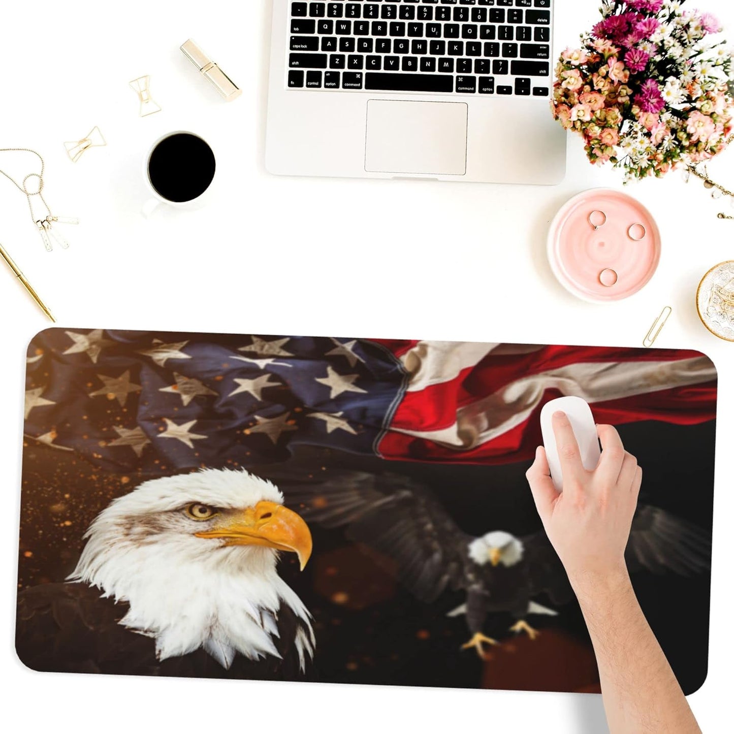 Desk Mat,American Flag Eagle Extended Gaming Mouse Pad for Office Work & Game,Computer Keyboard Mouse Mat Desk Non-Slip Rubber Base Large Mousepad with Stitched Edges, 31.5x15.7inch