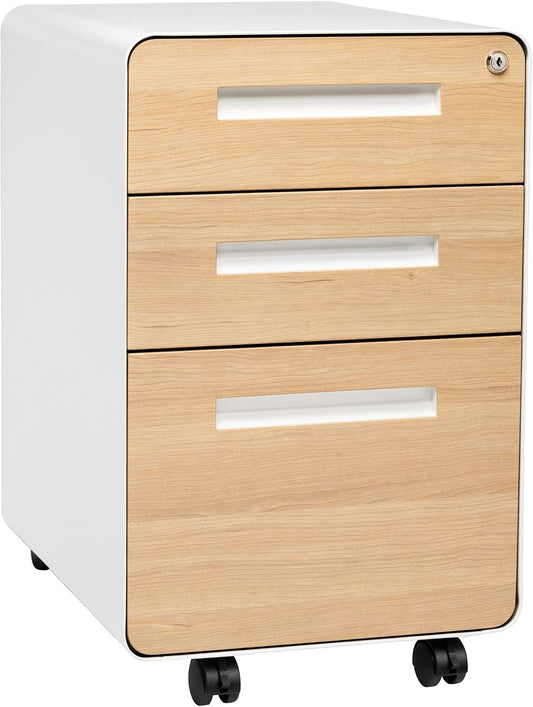 Laura Davidson Furniture Stockpile 3 Drawer File Cabinet with Lock - Under Office Desk Metal Filing Cabinet, Legal/Letter File Folders, Wheels and Stationary Feet, Pre-Assembled, White/Wood