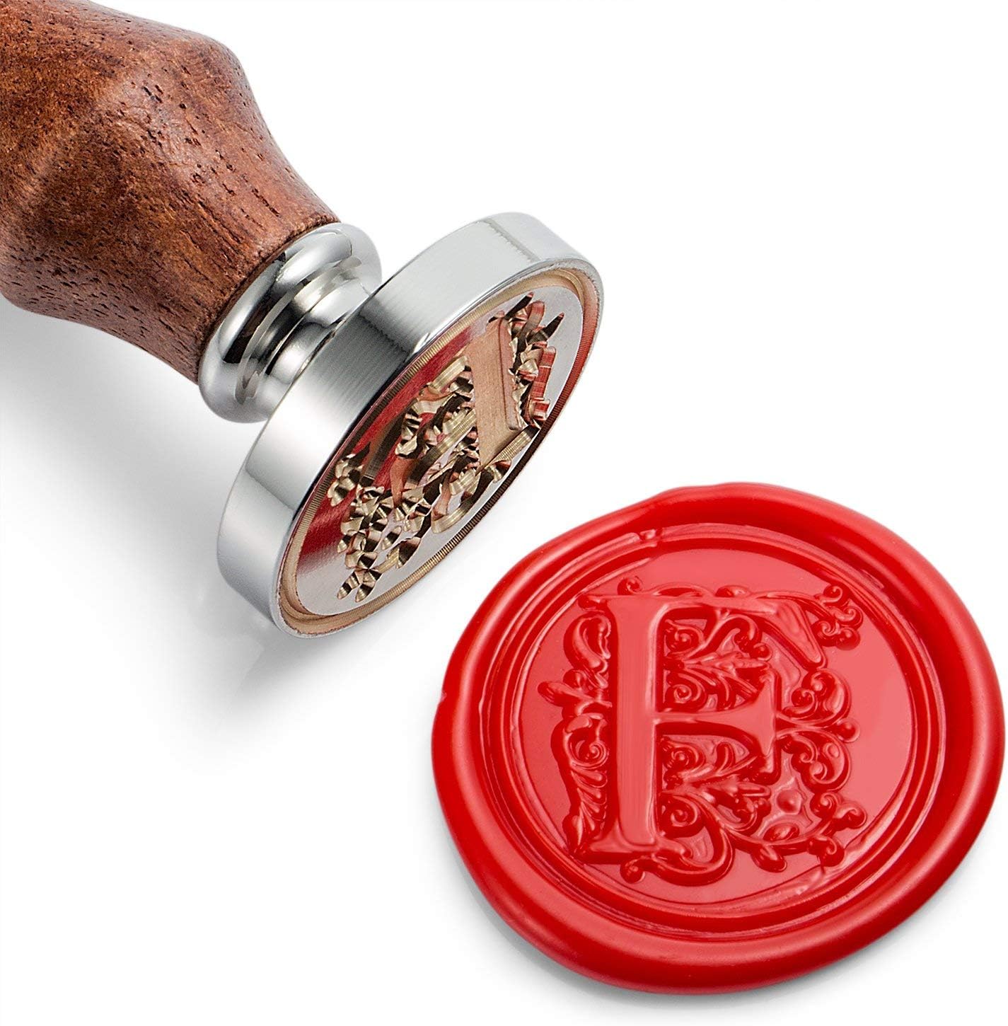 Mceal Wax Seal Stamp, Large Seal 1 1/5"(30mm) Dia, Silver Brass Head with Wooden Handle, Regal Letter A to Z Series (Letter F)