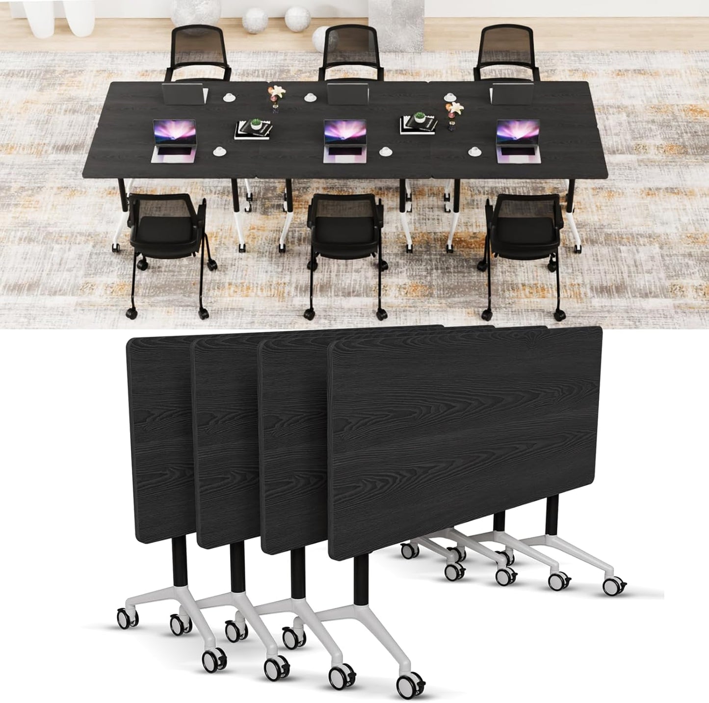 Conference Room Table with Flip-Top Design for Dynamic Meetings, Business Table Computer Desk with Heavy-Duty Frame,Foldable Seminar Meeting Tables for Home Office (4, F, 61IN)