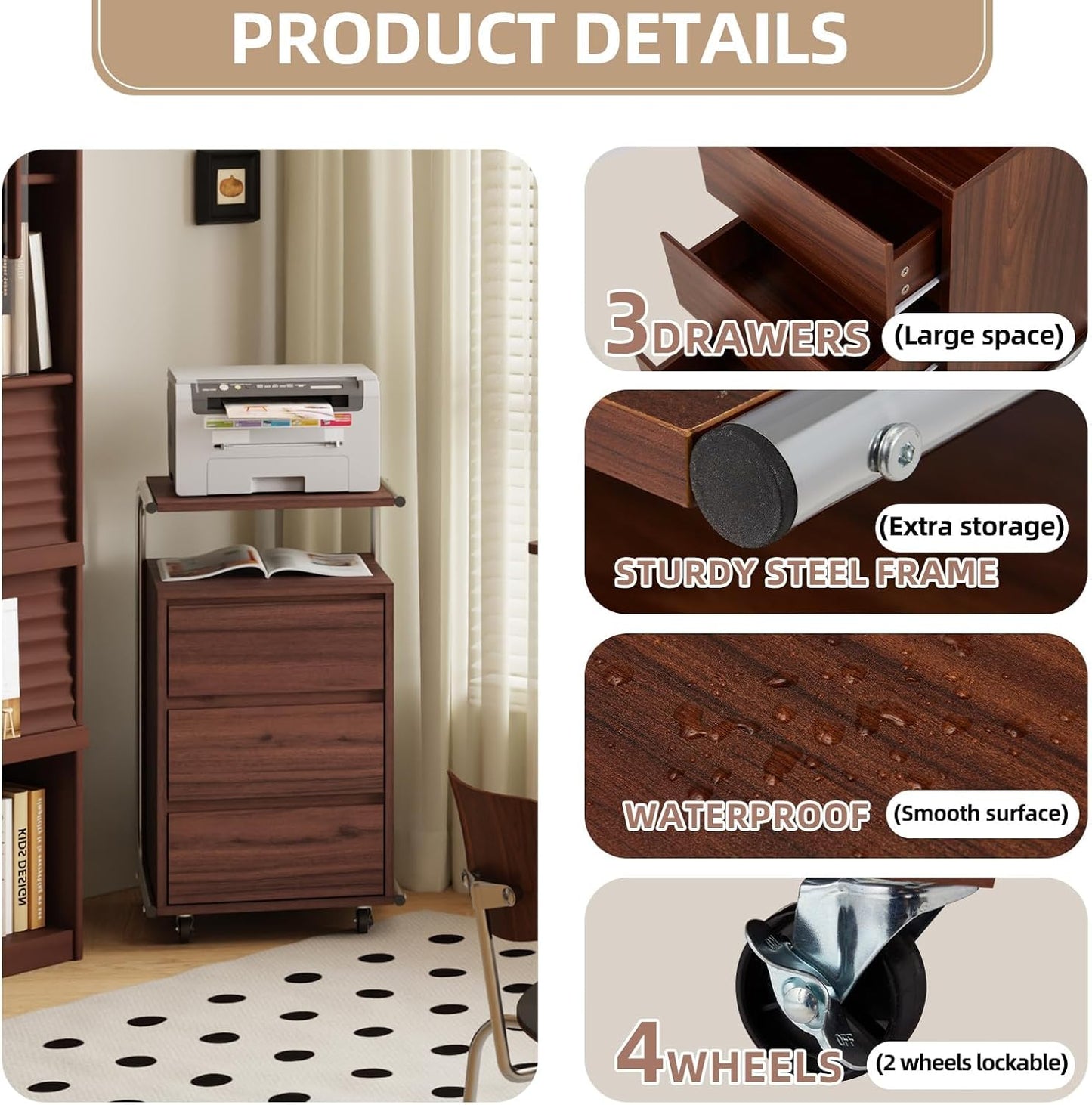 JOMEED 3 Drawer File Cabinet with Extended Desktop Lockable Wheels Under/Beside Desk Storage and Organizer Cabinet for Home Office, Small Rolling File Chest, Printer Stand, Modern Style, Walnut, Large
