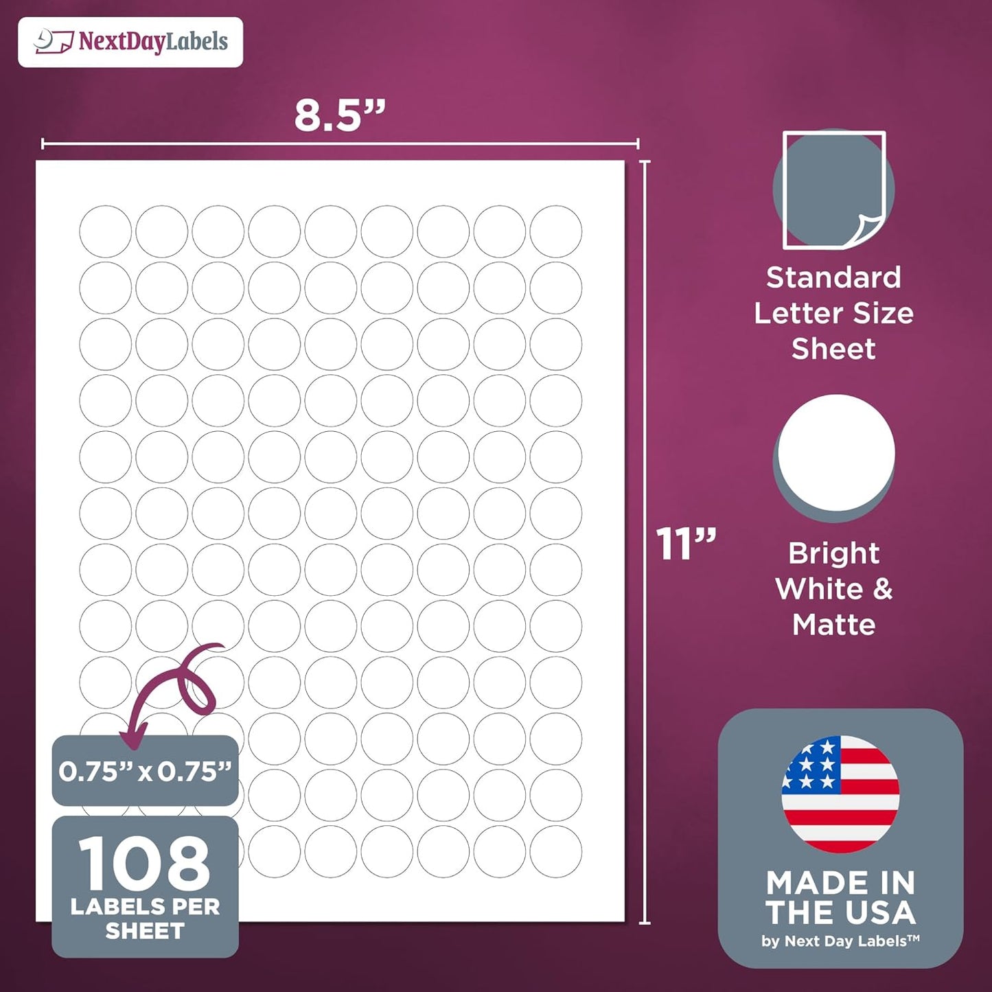NextDayLabels 3/4 Inch Round Stickers for Printer - Matte White Blank Laser/Inkjet Printable Circles (250 Sheets, 108 Per Sheet, 27000 Labels)