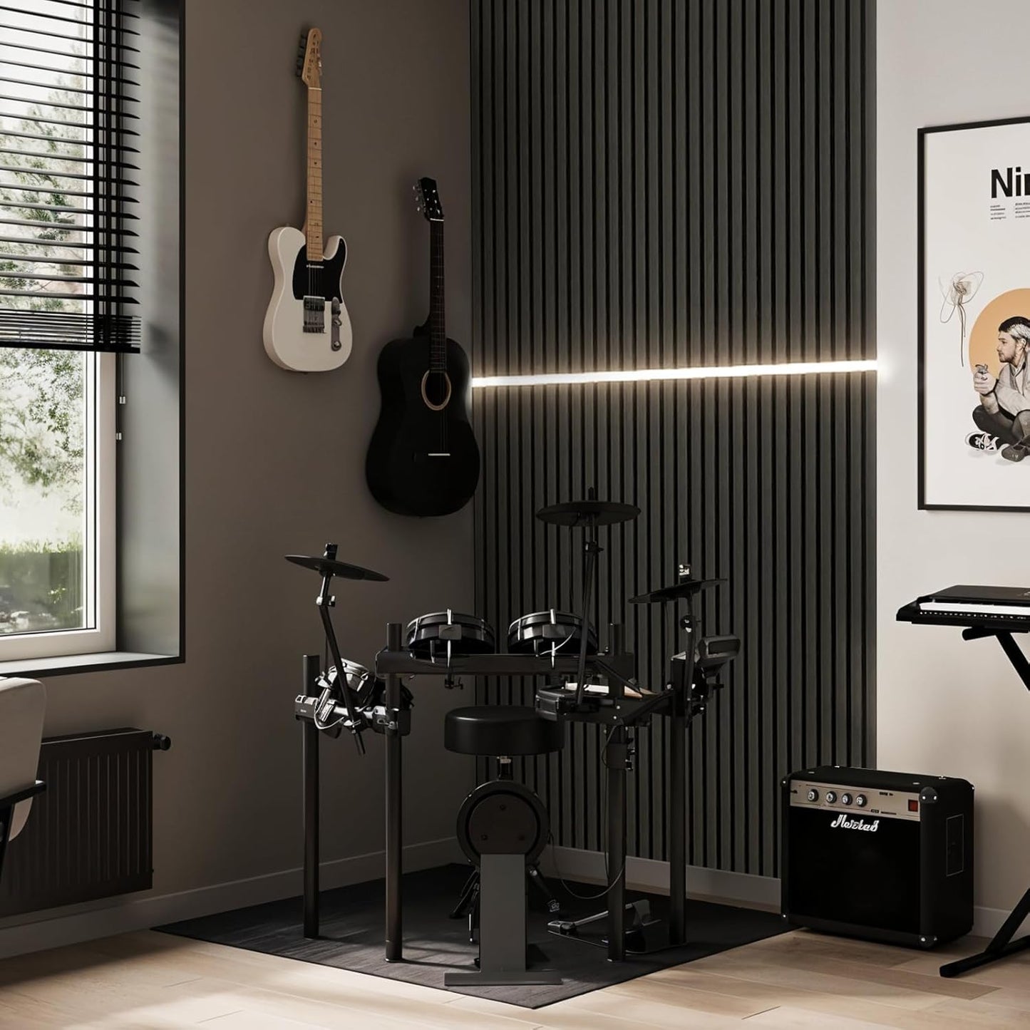 Upick MDF Acoustic Wall Panels, 4 Pack 48" x 24" 3D Slat Wood Panels for Wall, Soundproof Panels for Interior Wall Decor, Natural Black