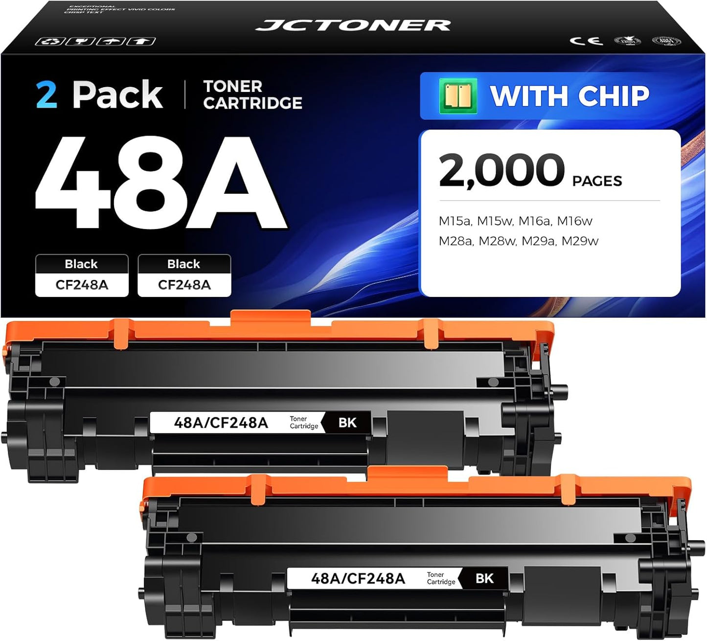 48A Black Toner Cartridge 2-Pack with chip High Yield Replacement for HP 48A CF248A Compatible with HP Laserjet Pro MFP M28a M28w M29a M29w M15a M15w M16a M16w Printer M28 M29 M15 M16 Series Ink Copy