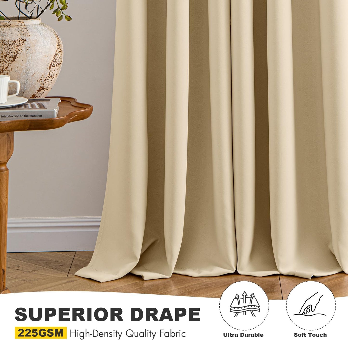 MIULEE Cream Beige Blackout Curtains for Bedroom Living Room 90 Inches Long 2 panels, Thermal Insulated Room Darkening Drapes Solid Grommet Top Noise Reducing Light Blocking Window Curtains 40x90 Inch