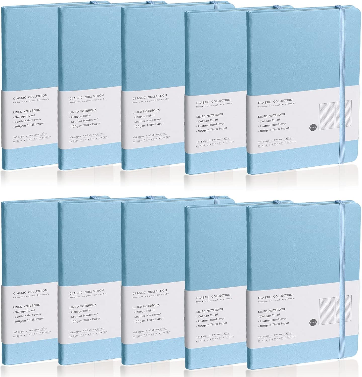 Lined Journal Notebook, 10Pack(Sky Blue), 160 Pages, Medium 5.7 inches x 8 inches - 100 gsm Thick Paper, Hardcover