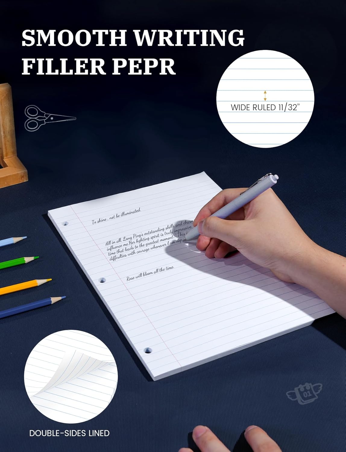 Loose Leaf Paper, 100 Sheets Notebook Paper, Binder Lined Paper Wide Ruled, 8.5'' x 11'' Loose Leaf, 3-Hole Punched Filler Writing Paper, 3-Ring Binder Note Papers, White