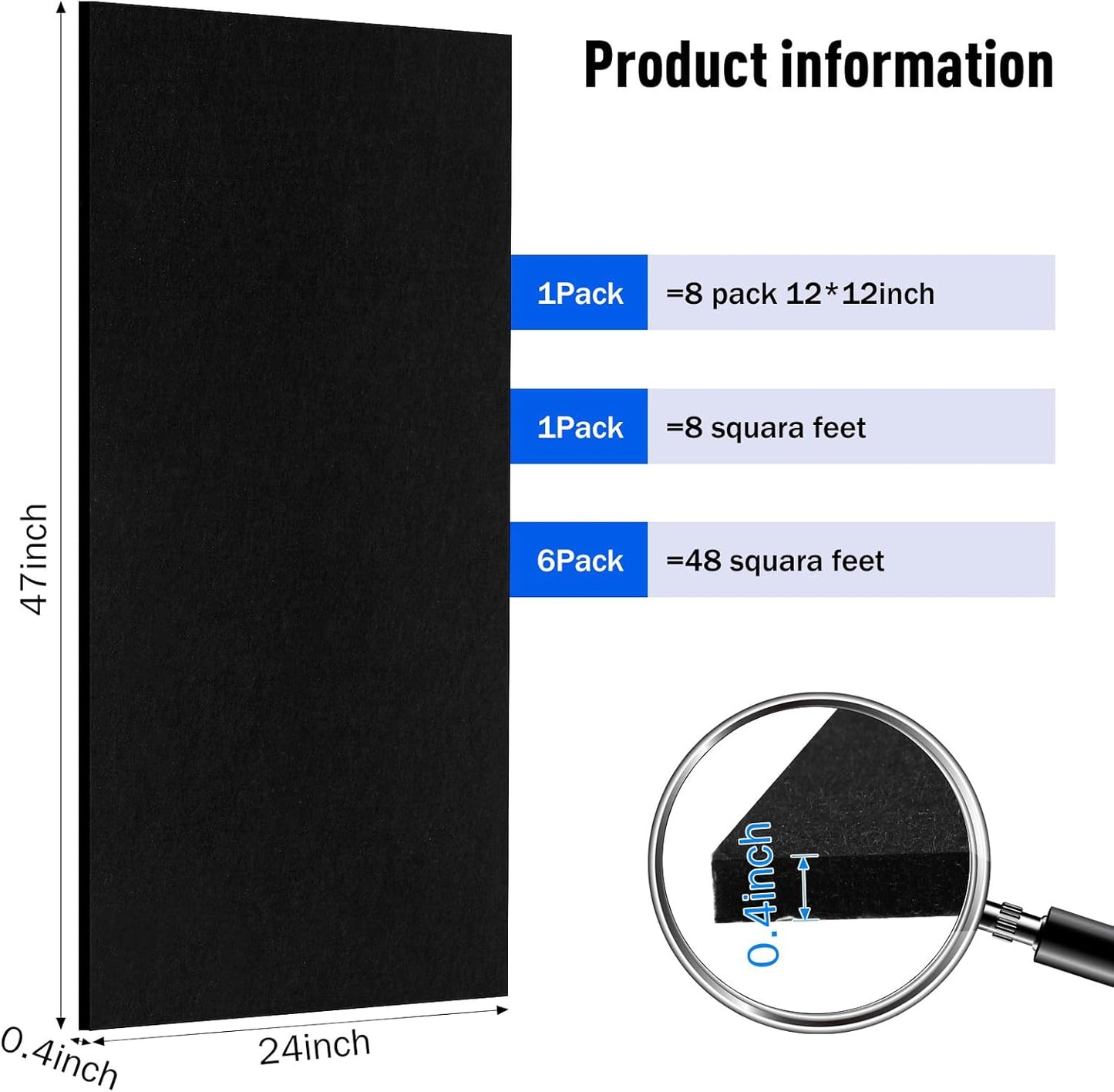 Frienda 6 Pack Large Acoustic Panels 47 x 24 x 0.4 Inch Fabric Wrapped Sound Proof Self-adhesive High Density Foam Panels for Recording Studio Acoustical Treatments Home Office(Black)