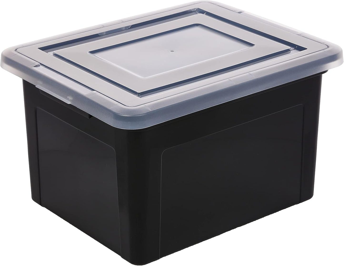 IRIS USA File Box, Plastic File Organizer with Lids for Letter/Legal File, Portable Document Box For Moving, Storage Bin with Durable and Secure Lid, Stackable Nestable BPA-Free, Black 35 Qt. 4 Pack