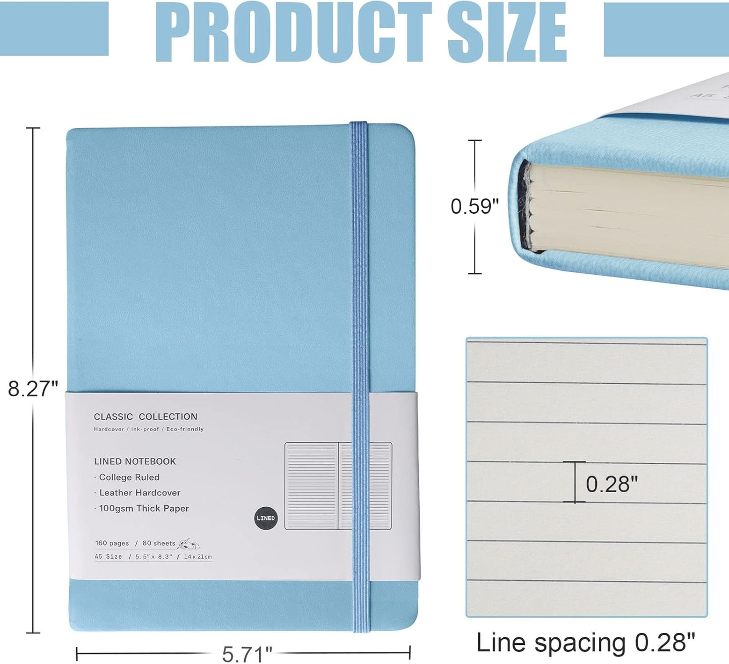 Lined Journal Notebook, (sky blue), 160 Pages, Medium 5.7 inches x 8 inches - 100 gsm Thick Paper, Hardcover