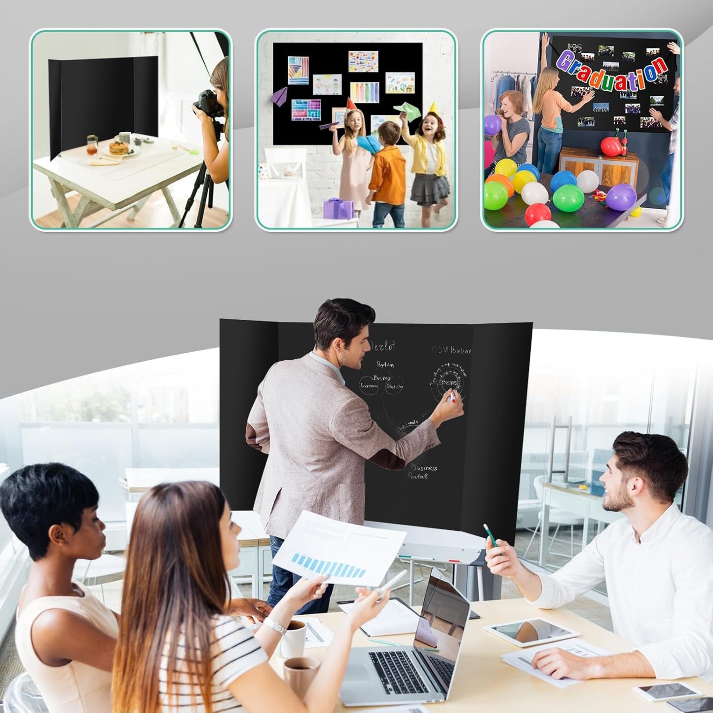 2 Pack Trifold Poster Board, IKAYAS 48" X 36" Double Sided Black Poster Boards, Science Fair Display Boards Posterboard Foamboard for Mounting, Prints,Art,Display,Projects Classroom Supplies