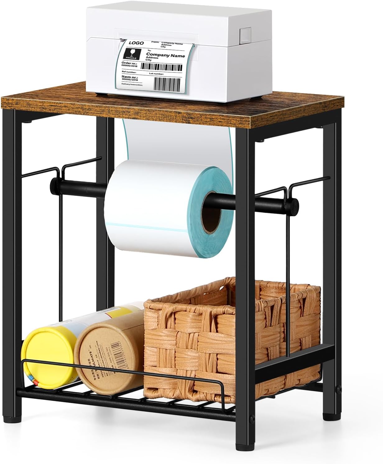 Label Holder Thermal Shipping Label Holder for Rolls & Fan-Fold, Sticker Roll Holder with Basket Desktop Label Roll Dispenser Accessory for Home, Office, Small Business, Rustic Brown