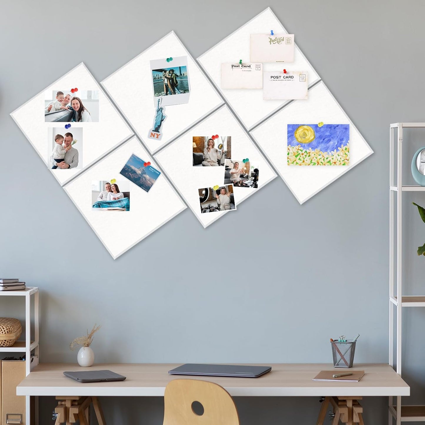 Large Cork Board 36" x 24", 6 Pack Felt Wall Tiles with Colored Pushpins, Bulletin Board with Removable Self-Adhesive Strips, Pin Board Cork Boards for Walls Office Home-White