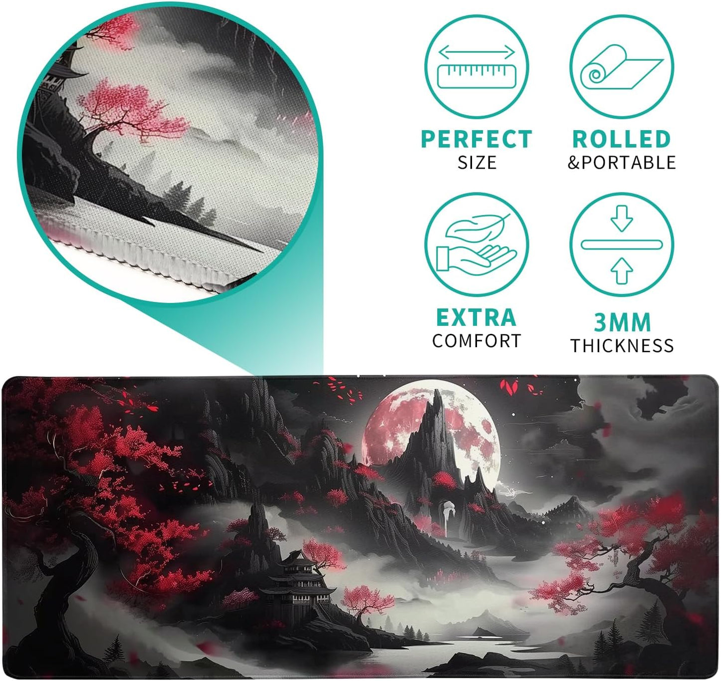 Japanese Desk Mat Red Full Moon Desk Pad Black Riverside Large Mouse Pad Gaming Mousepad Extended XL Keyboard Pad 31.5 x 11.8 in Laptop Computer Mouse Keyboard Mat for Office Desk Decor