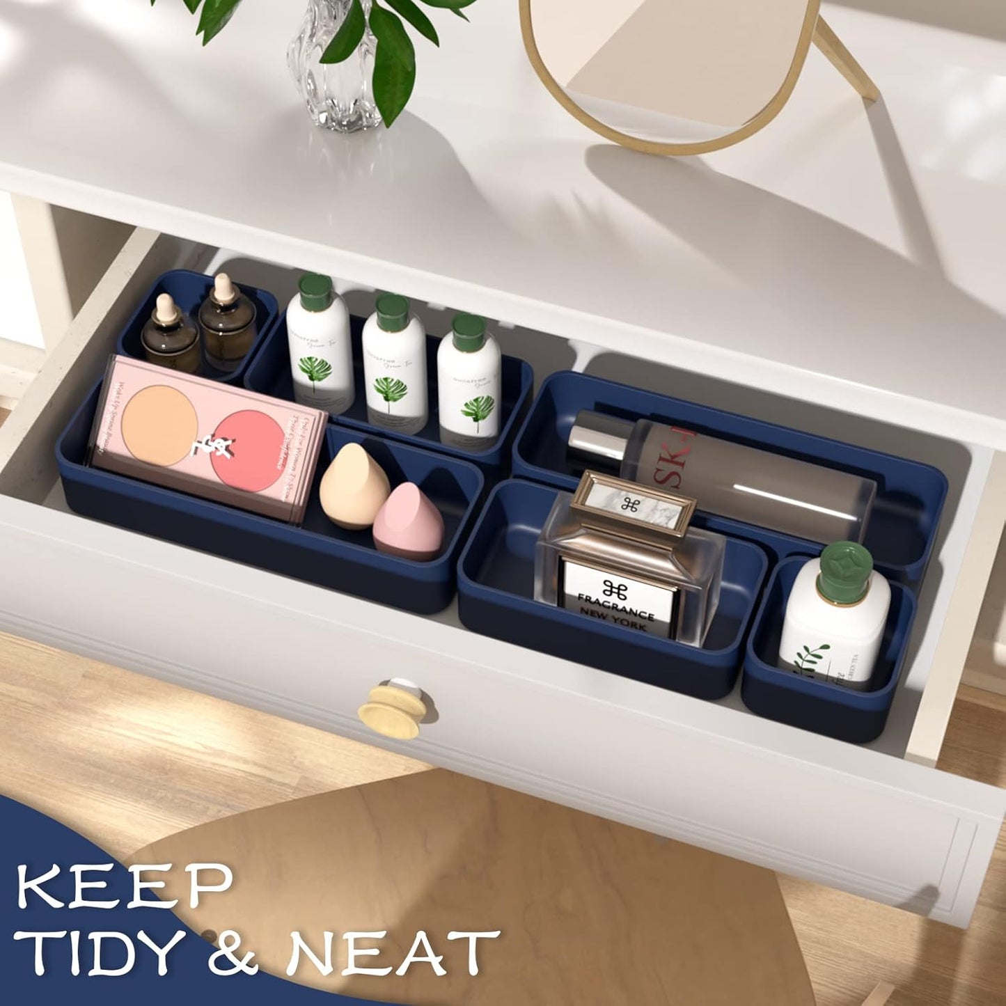 CHANCETSUI 6 PCS Stackable Drawer Organizers Set, Versatile Desk and Vanity Drawer Organizer Trays, Storage Bins for Makeup, Bathroom, Bedroom, Kitchen and Office, Blue