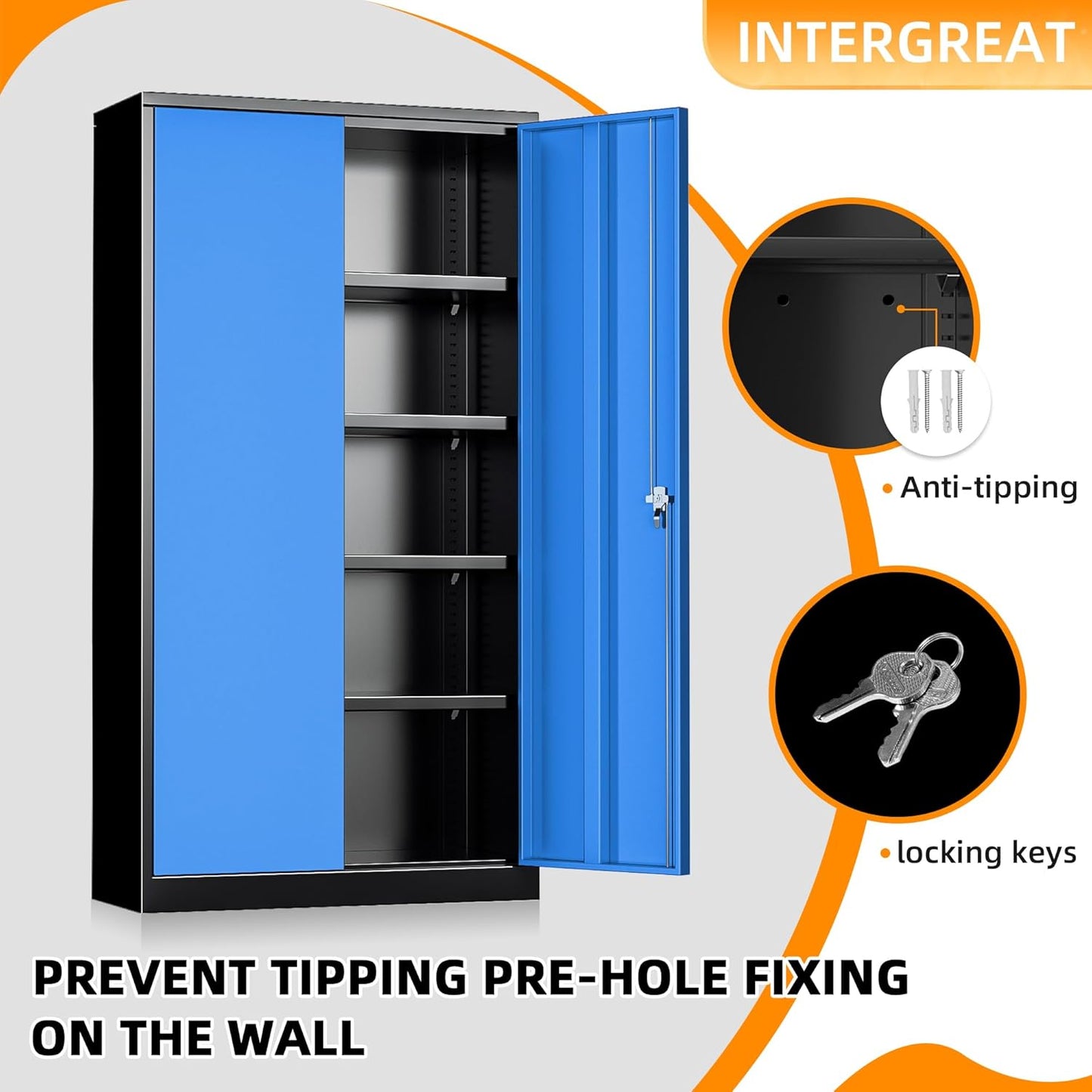 INTERGREAT Storage Cabinet,72”H Garage Steel Locking Cabinets with Doors and 4 Adjustable Shelves, Tall Lockable File Tool Cabinet for Home Office, Metal Classroom Cabinets Basement, Black-Blue