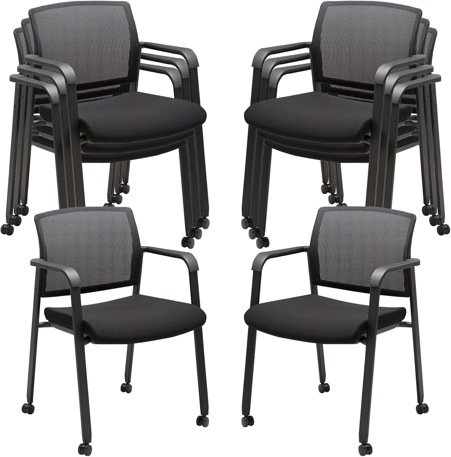 CLATINA Mesh Back Guest Reception Arm Chairs with Wheels, Waiting Room Chairs with Upholstered Fabric Seat and Ergonomic Lumbar Support for Office, 8PK