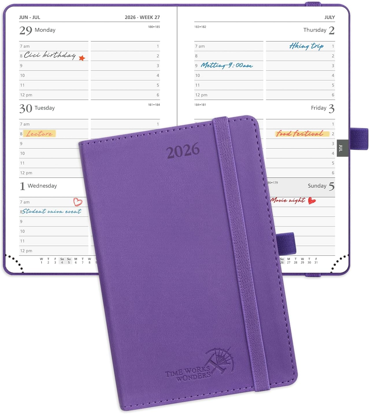POPRUN Pocket Calendar 2026 (Small Size- 4'' x 6.25") Weekly and Monthly for Purse - Planner 2026 (Jan. 2026 - Dec. 2026) with Vegan Leather Soft Cover, Plastic Ruler, Pen Holder and More - Purple