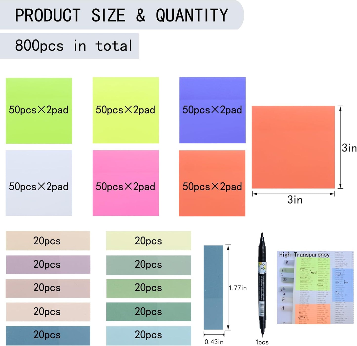 800Pcs Transparent Sticky Notes, 3"x3" Clear Sticky Notes, Waterproof Translucent Sticky Note Pads for Books Annotation, Clear Post it Notes for Bible Study, School, Office