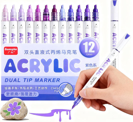 kander 12 Colors Dual Tip Acrylic Paint Markers, Purple Color — Extra Fine & Soft Brush Pen Set with Direct Ink Flow for Sketching, Detailing, Coloring on Wood, Canvas, Rock, Glass, DIY Crafts