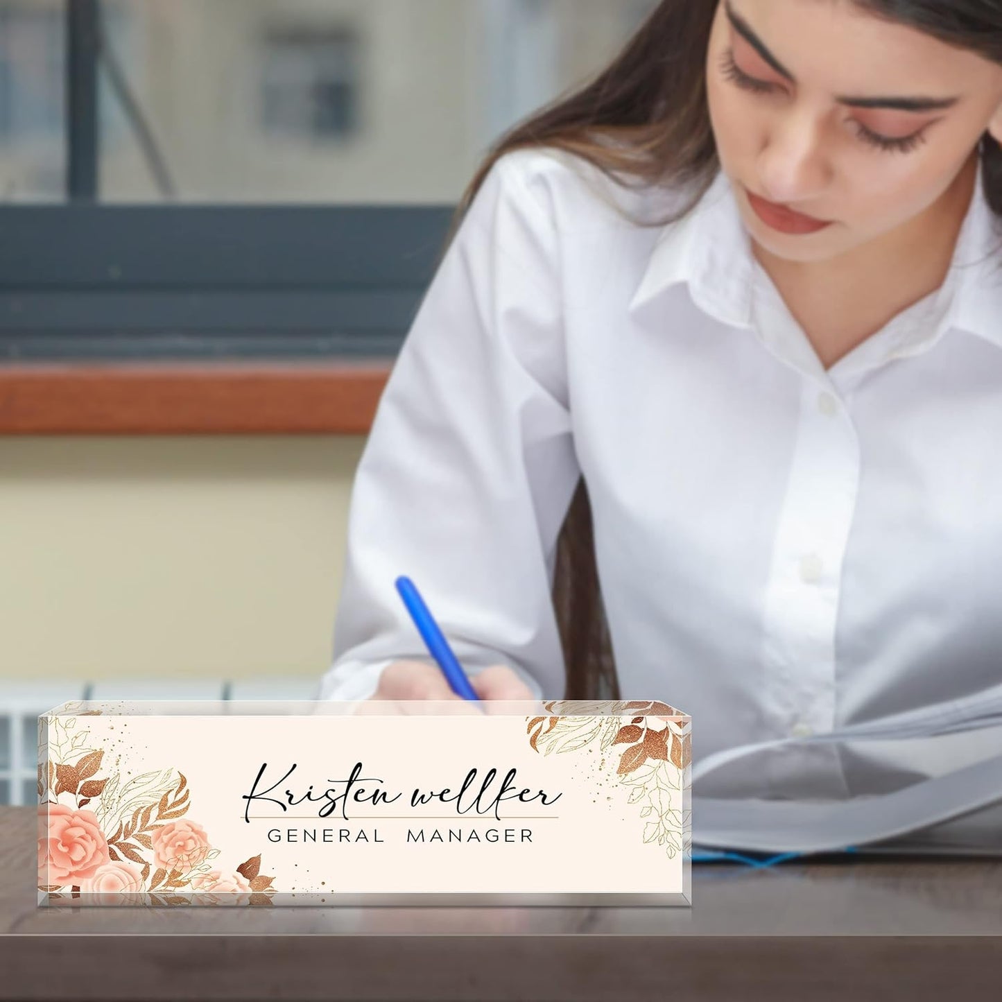 Desk Name Plate Personalized, Premium Pink Golden Hibiscus Flowers Acrylic Desk Name Plate, Personalized Name Plate for Desk, Office Decor for Women or Men Coworkers, Boss, Employee, Teacher