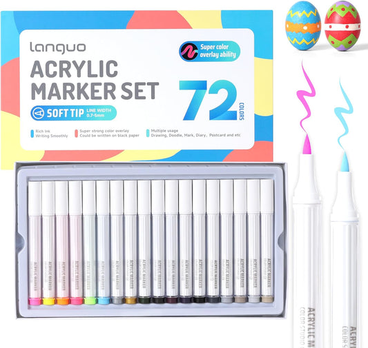 72 Colors Acrylic Paint Markers Set, Soft Brush Tip Acrylic Paint Pens Acrylic Markers for Rock, Egg, Wood, Glass, Canvas Painting, Coloring and Drawing, DIY Crafts Art Supplies