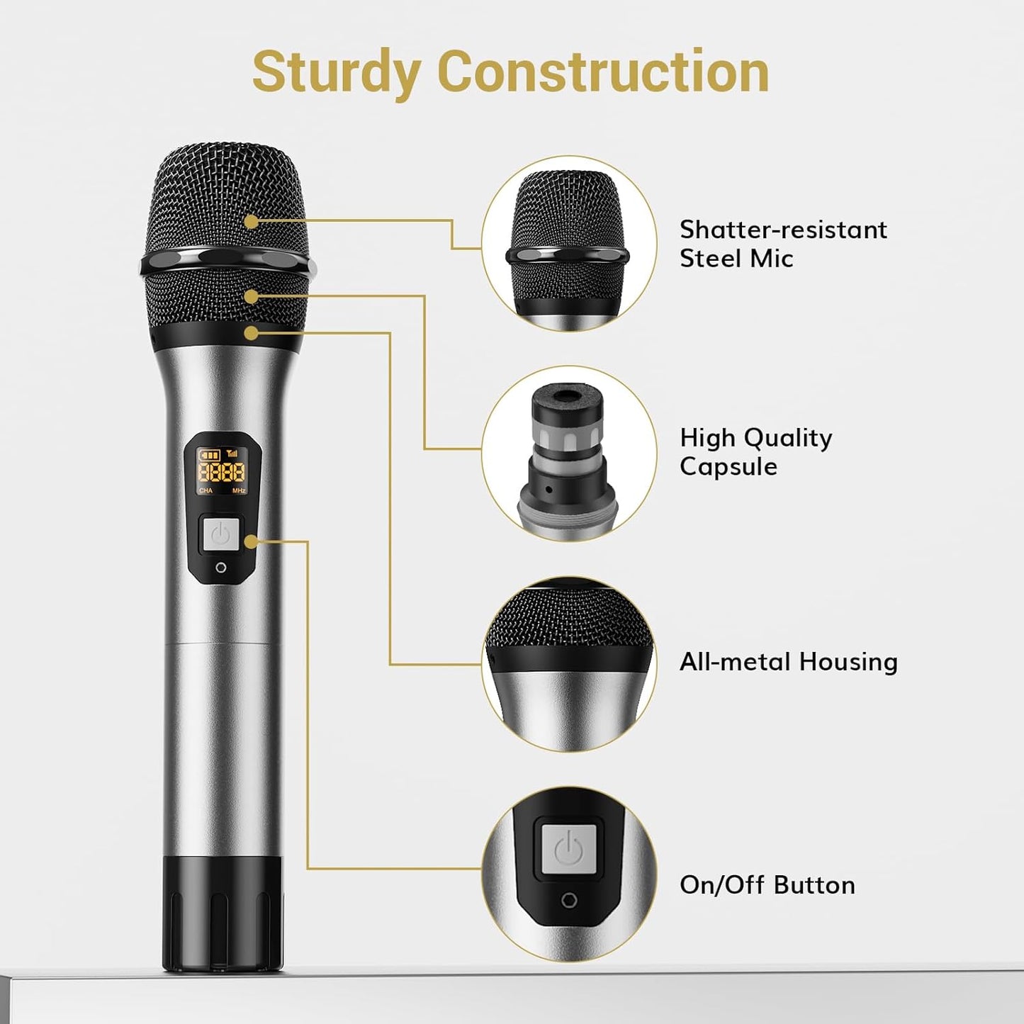 TONOR Wireless Microphones, Metal Dual Professional UHF Cordless Dynamic Mic Handheld Microphone System for Home Karaoke, Meeting, Party, Church, DJ, Wedding, Home KTV Set, 200ft, TW-820 Silver