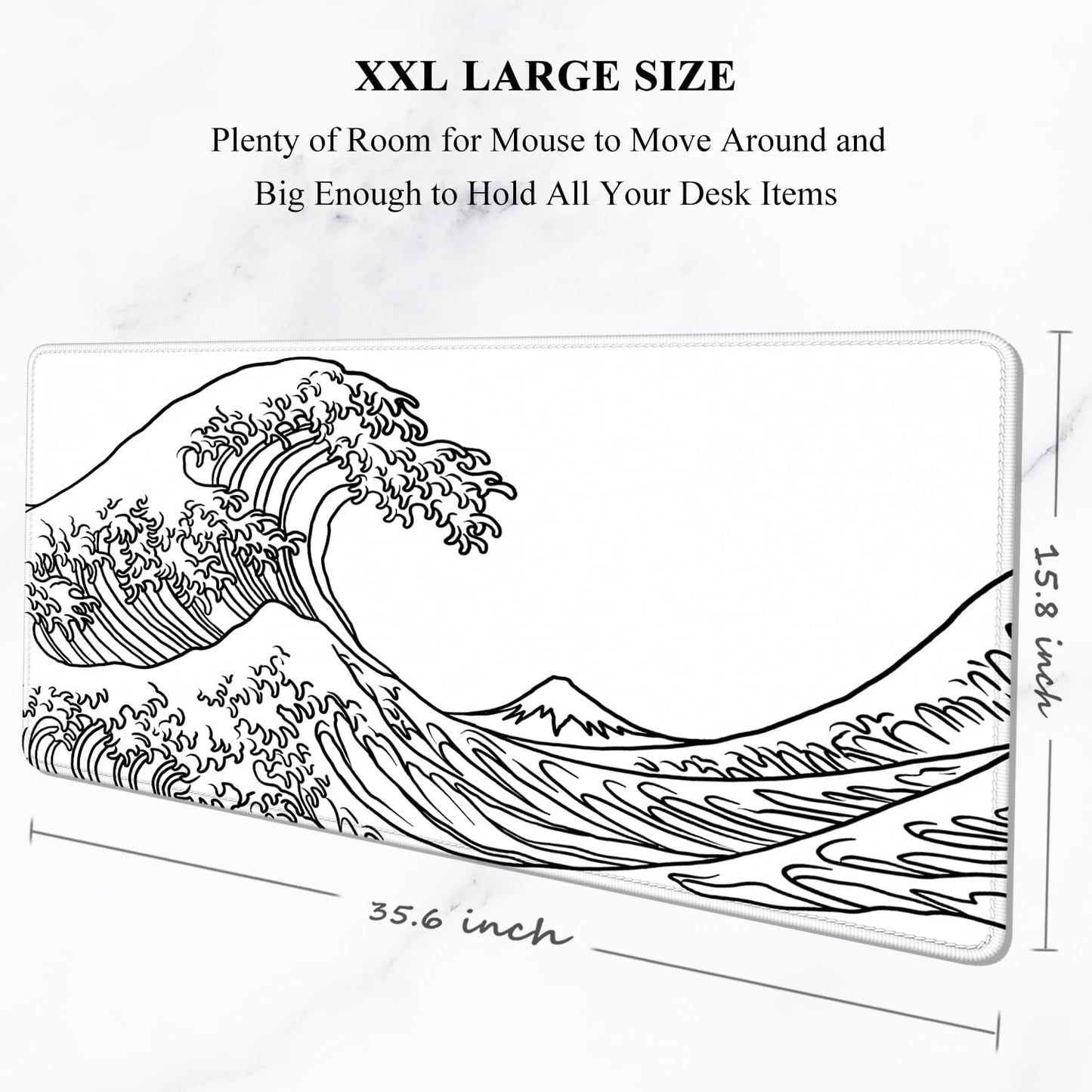 Auhoahsil Large Mouse Pad, XXL Gaming Mousepad, Desk Mat for Desktop, Thick Rubber, Big & Long Size, Stitched Edges, Full Desk Pad for Laptop & Computer, Extended 35.4 x 15.7 in, White Great Wave