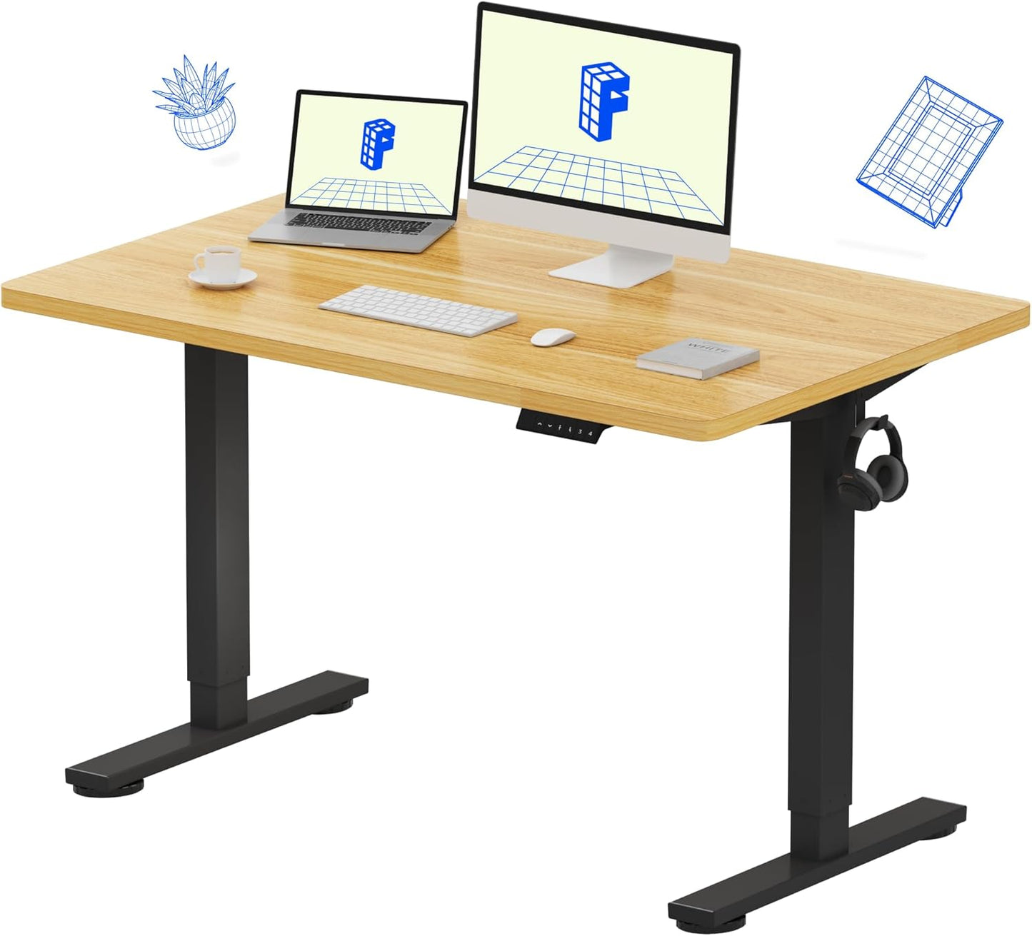 FLEXISPOT EN1 Whole-Piece Standing Desk 48" x 30" Electric Height Adjustable Stand Up Desk Frame w/Automatic Smart Keypad (Black Frame + Maple Top, 2 Packages)
