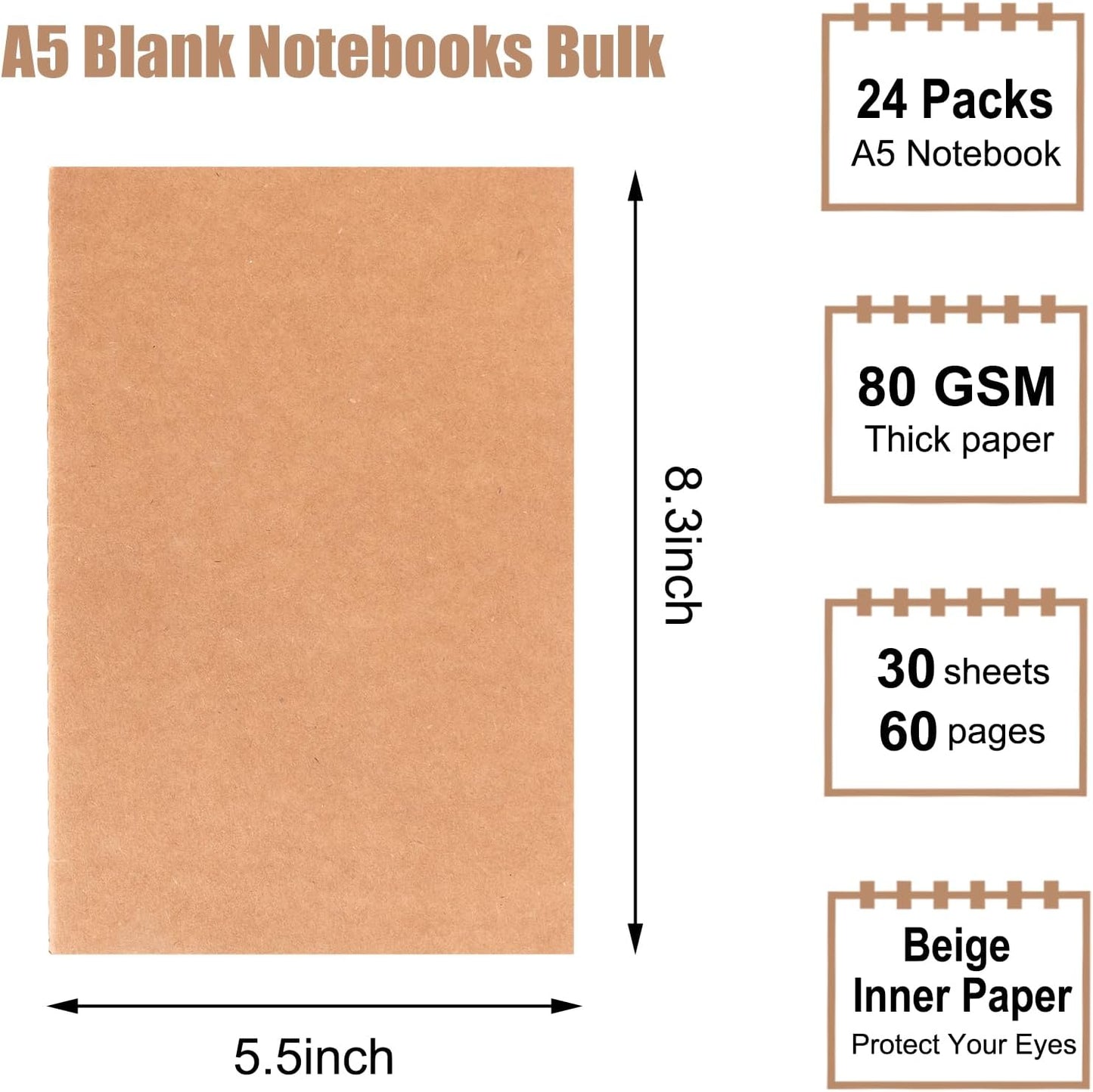 EOOUT 24 Pack Blank Kraft Notebooks, A5 Journals Notebook Bulk, Unlined Paper Sketchbooks, 8.3x5.5in 60 Pages Travel Journal Set for Journaling, Student, Kids, Writing