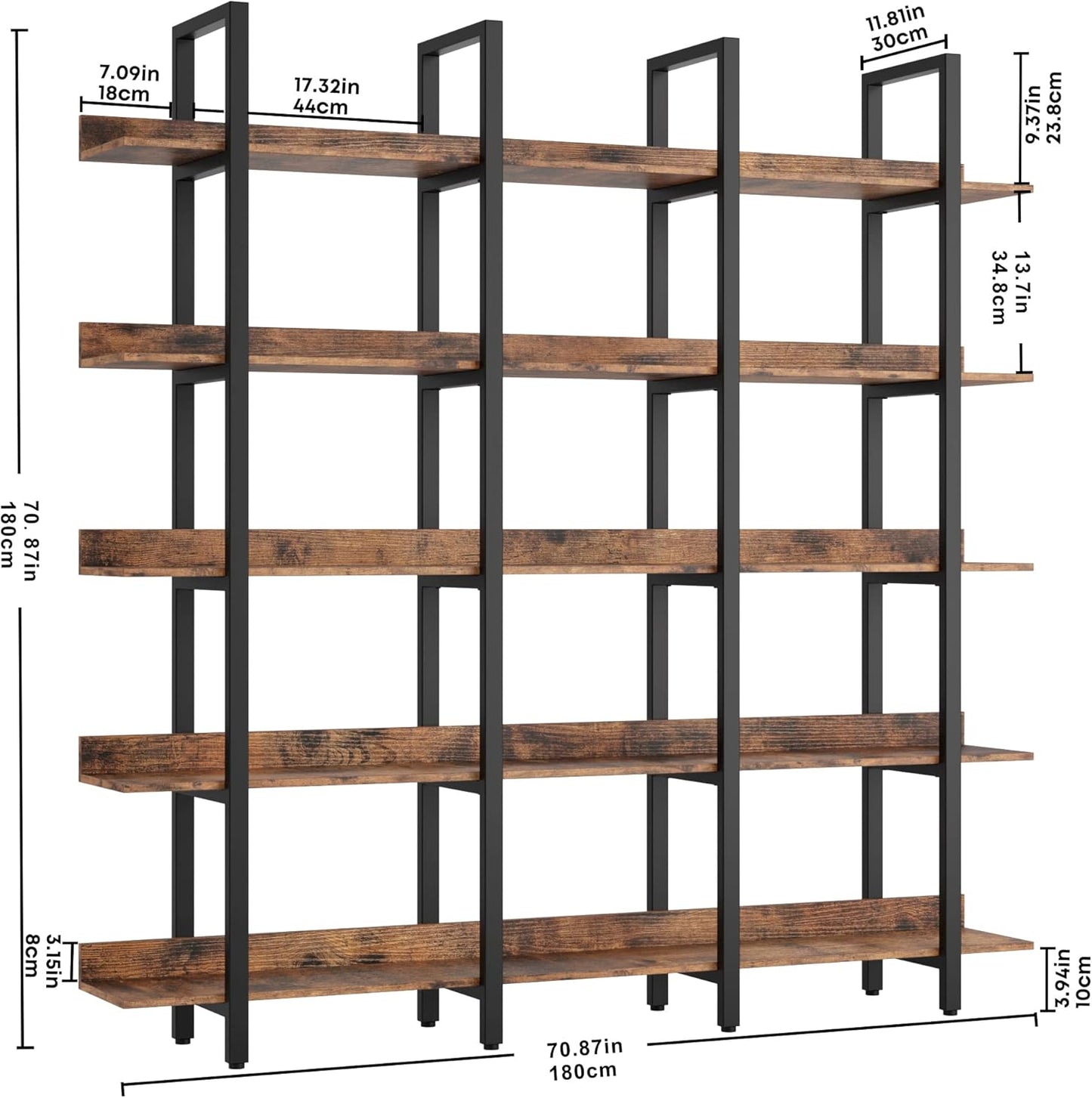 IRONCK Bookcase and Bookshelves Triple Wide 5 Tiers Large Open Shelves, Etagere Bookcases with Back Fence for Home Office Decor, Easy Assembly, Vintage Brown
