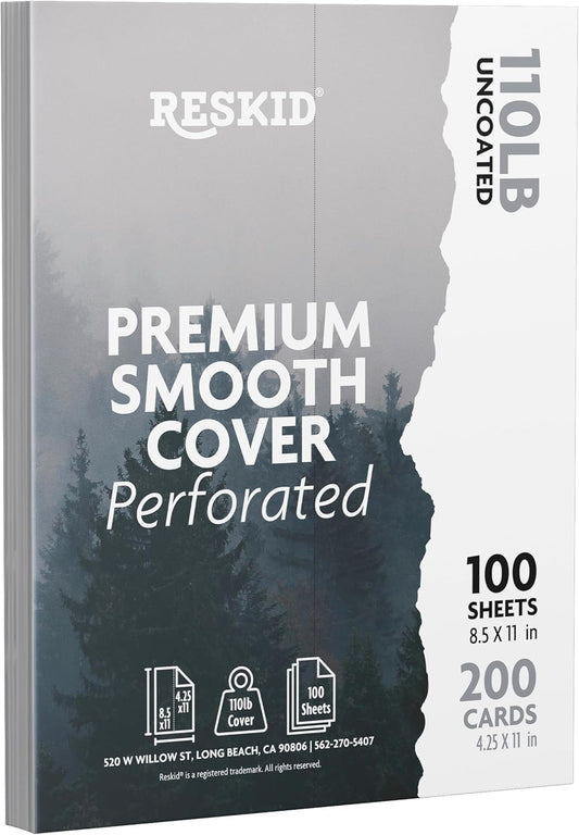 100-Sheet Pack Of 110lb White Cardstock Thick Perforated Paper, 8.5x11 With 2 Per Page - 4.25x11 - Blank Heavy Weight Cover Card Stock - 100 Sheets With 200 Cards (2up - 4.25x11)