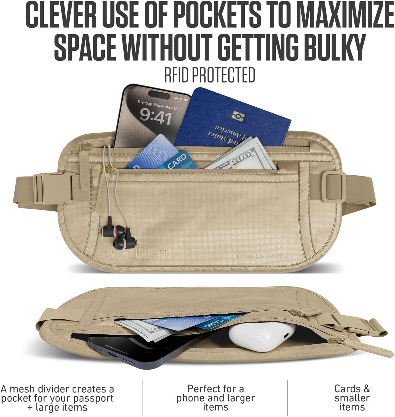 Travel Money Belt, RFID Blocking for Men & Women - Ideal for Keeping Your Cash, Credit Card, Passport, Phone Safe When Traveling (Sleek Beige)