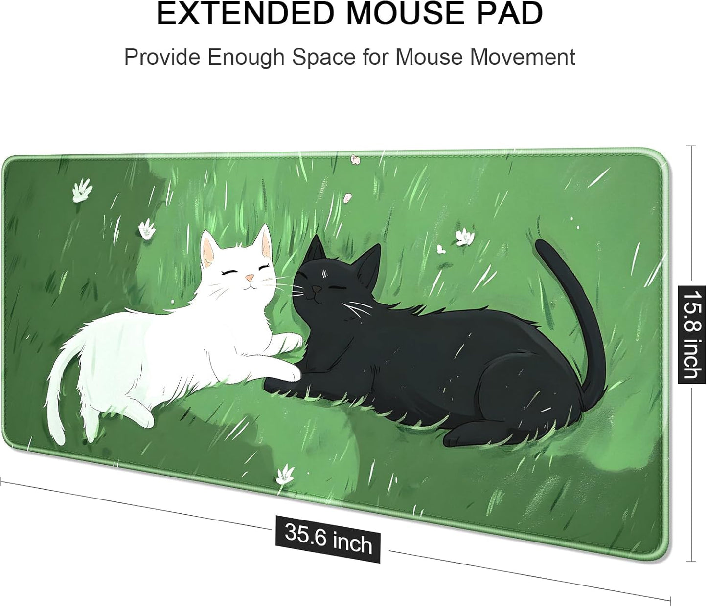 Auhoahsil Large Gaming Mouse Pad, Cute Cat Theme XXL 35.4 x 15.7 in Desk Pad Stitched Non-Slip Rubber Long Computer Mousepad Thin Extended Full Size Desk Mat for Desktop Laptop Wireless Mice, Green