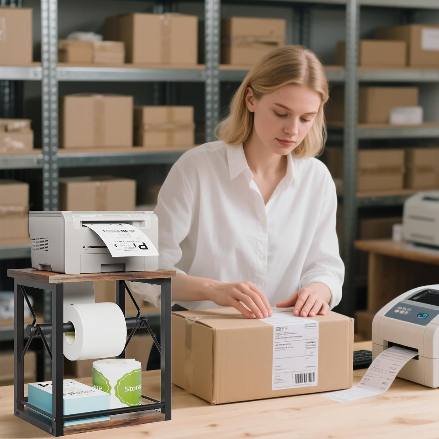 Label Holder for Rolls and Fan-Fold Labels, Shipping Thermal Label Holder, Sticker Roll Holder for Small Business & Home Office, Vintage Brown