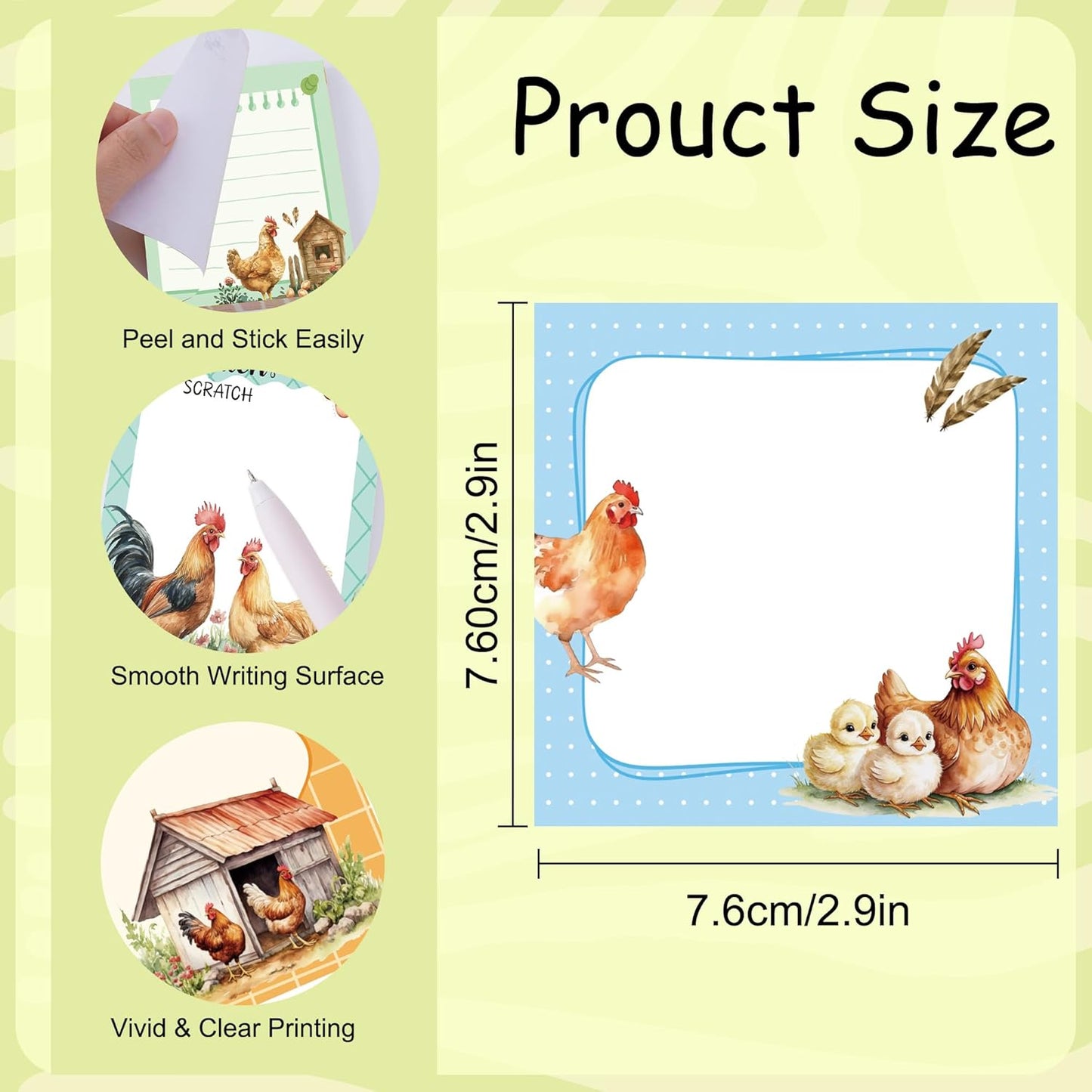 9 Pack Farm Chicken Sticky Notes Set, 450 Sheets Cute Hen and Rooster Self-Stick Notepads with Country Coop Designs, Fun Gifts for Women Chicken Lovers or Office Use
