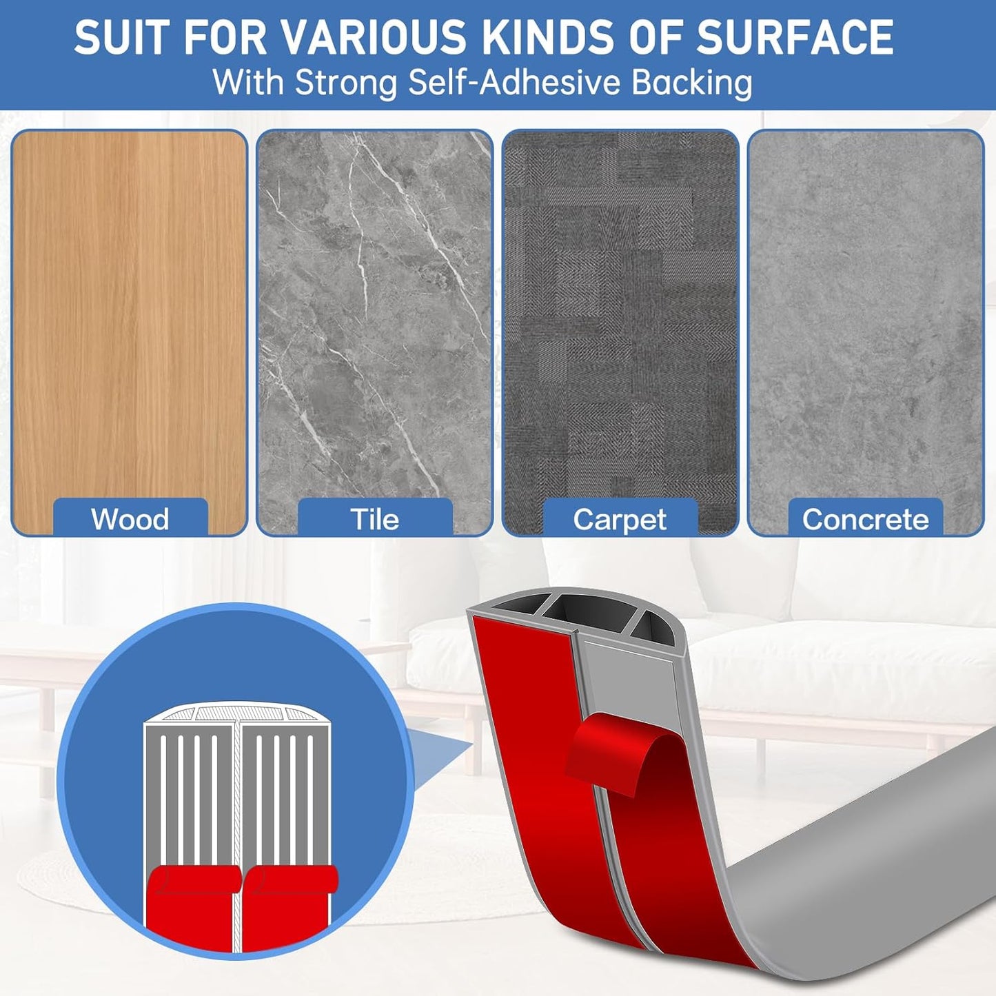 Floor Cord Cover Self Adhesive Cord Hider Floor Extension Cord Covers for Floor Power Cord Protector Cable Management Prevent Cable Trips Cable Cavity 0.59" W x 0.31" H (Grey, 20Ft)