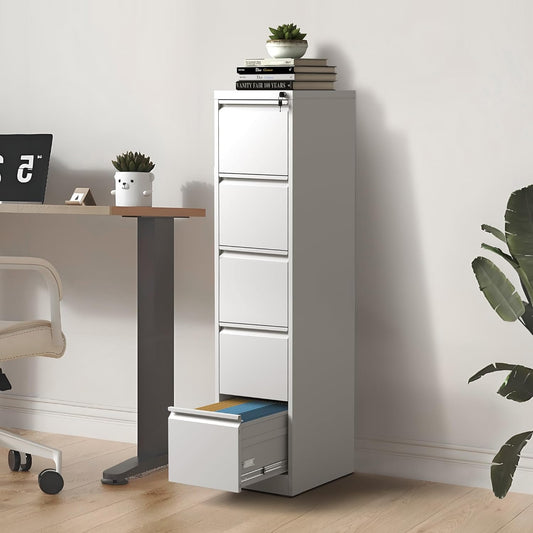 5-Drawer Locking Vertical File Cabinet, Metal Storage Cabinet for Office/Home – Secure Vertical Filing for Letter/Legal/A4/F4 Documents, Easy to Assemble Steel Cabinet (White, 5 Drawer-64 H)