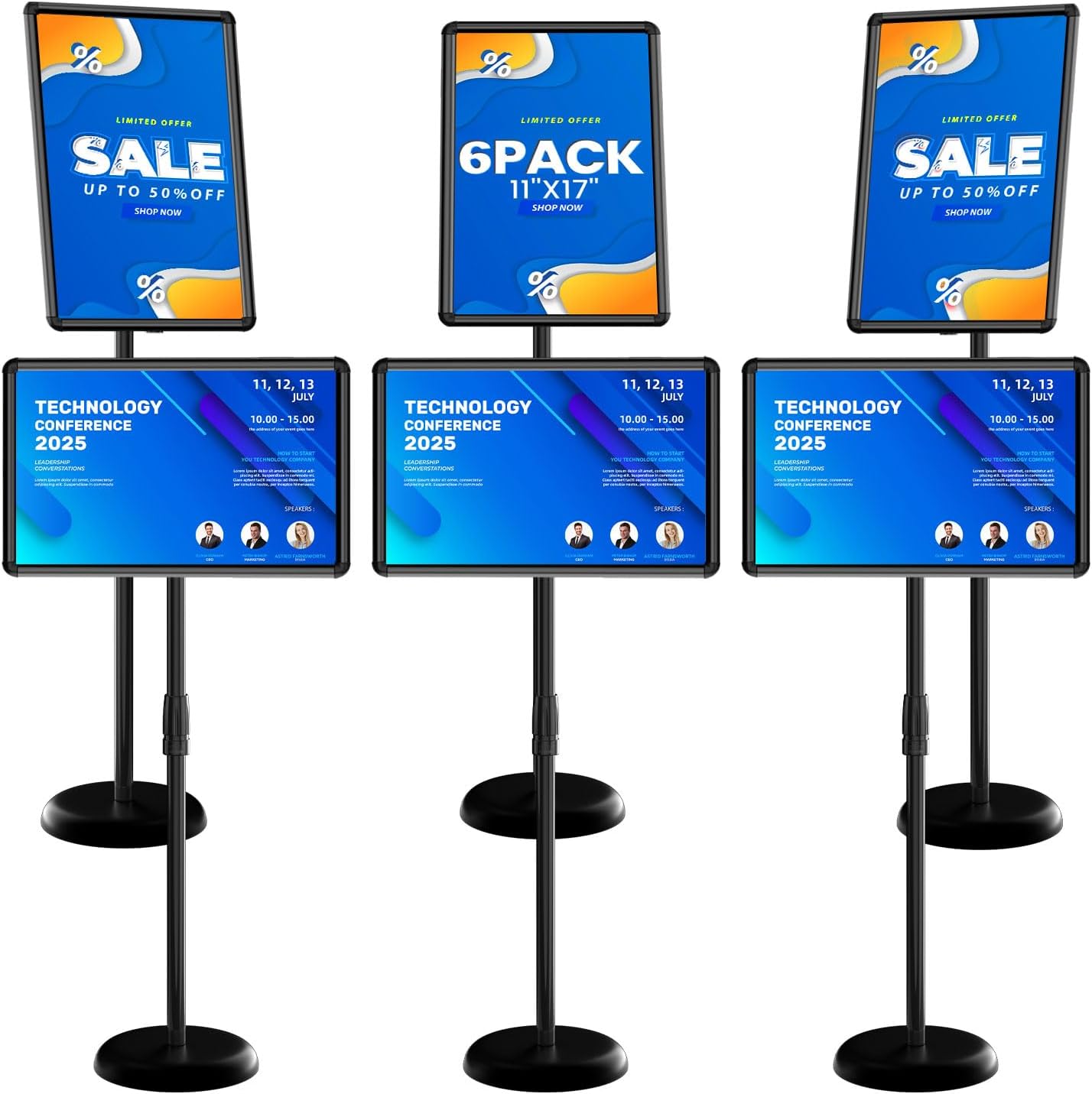 Sign Stand - Standing Sign Holder for 11x17 Inch, Pedestal Poster Sign Stand, Vertical and Horizontal View Sign Displayed, Round Corner Sign Holder for Church School Parties Business, Black (6 Pack)