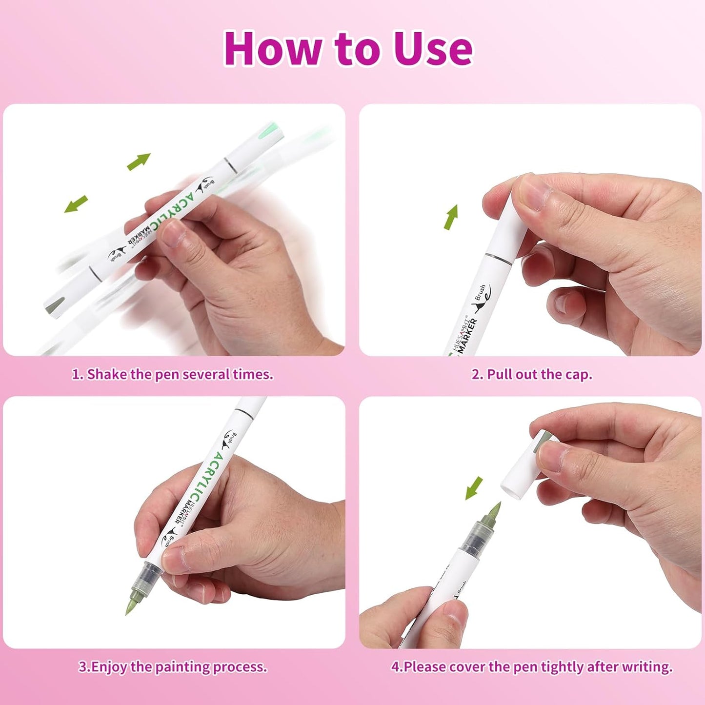 Dual Tip Brush Markers, 4 Pack Double Ended Acrylic Paint Pens - Permanent Water-Based for Rock Painting, Wood, Metal, Ceramic, Glass, Crafts & Kids Art Assorted Colors