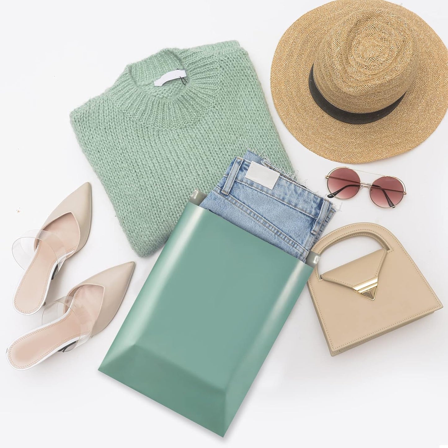 Metronic Poly Mailers 14.5X19 100 Pack, Strong Adhesive Shipping Bags for Clothing, Waterproof and Tear-Proof Envelopes, Packaging Bags Mailers Poly Bags for Shipping in Grayed Jade Green