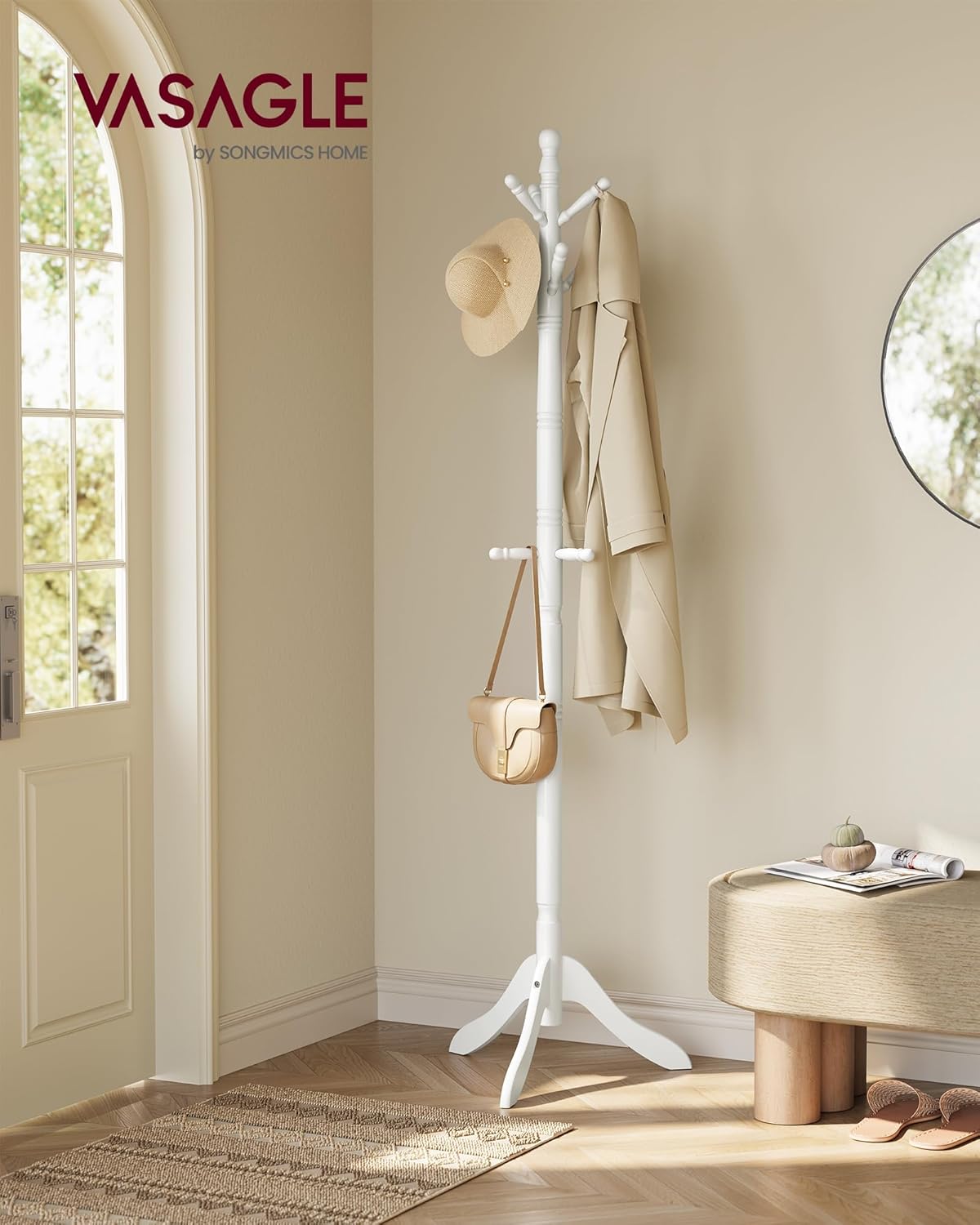VASAGLE Solid Wood Coat Rack and Stand, Free Standing Hall Coat Tree with 10 Hooks for Hats, Bags, Purses, for Entryway, Hallway, Rubberwood, Cloud White URCR03WT