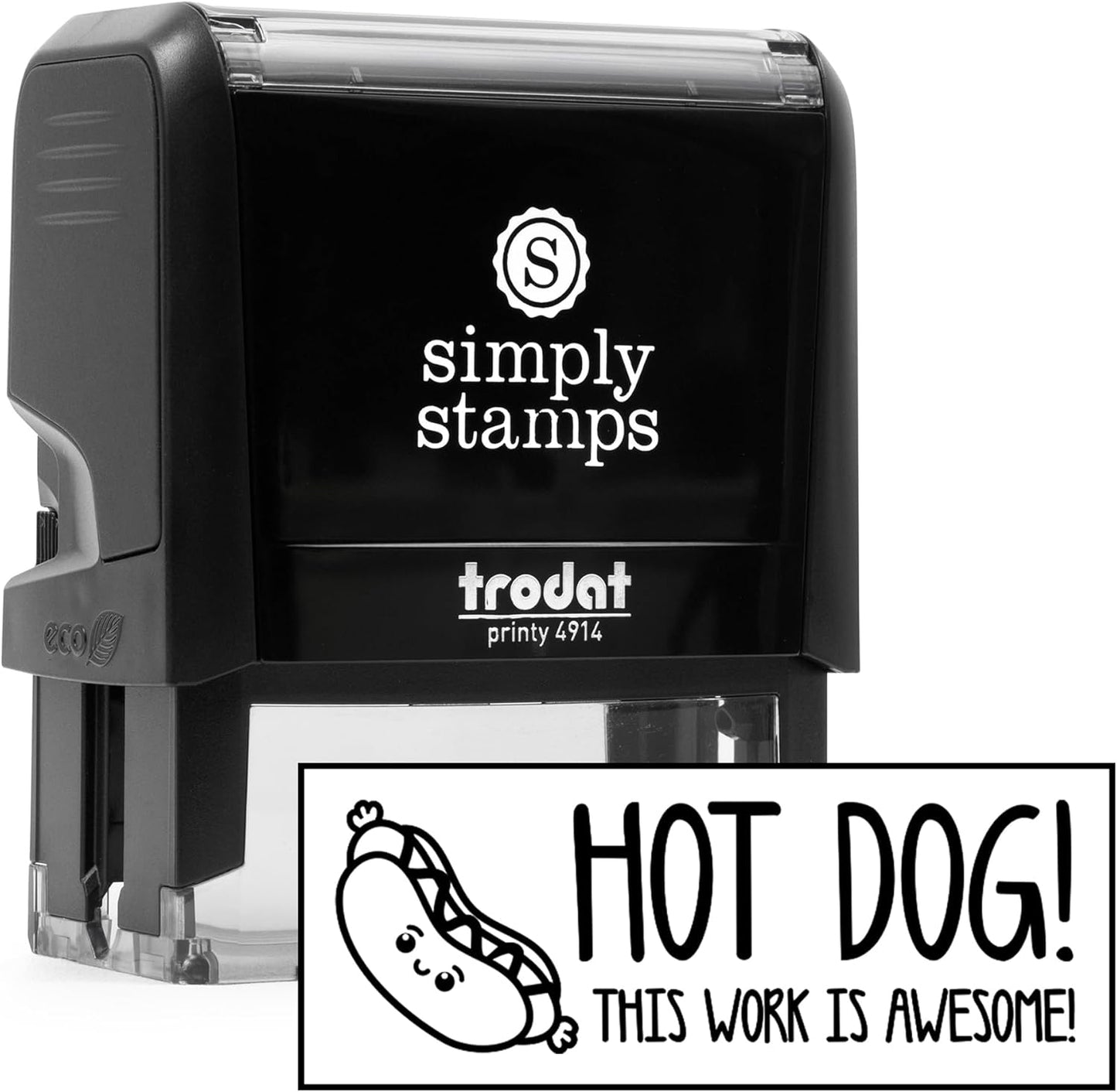 Custom Self-Inking Custom Stamps | 49 Designs | Fun Phrases | Grading Made Easy | Classroom and Library Book Stamps (Hot Dog!, Xtra Wide)