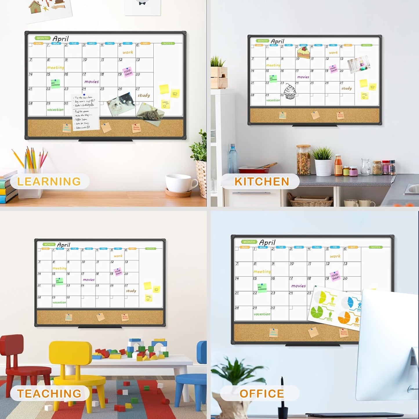 JILoffice Magnetic Calendar Whiteboard & Bulletin Corkboard Combination, Combo Board 36 x 24 Inch, Black Aluminum Frame Wall Mounted Board for Office Home and School with 10 Push Pins