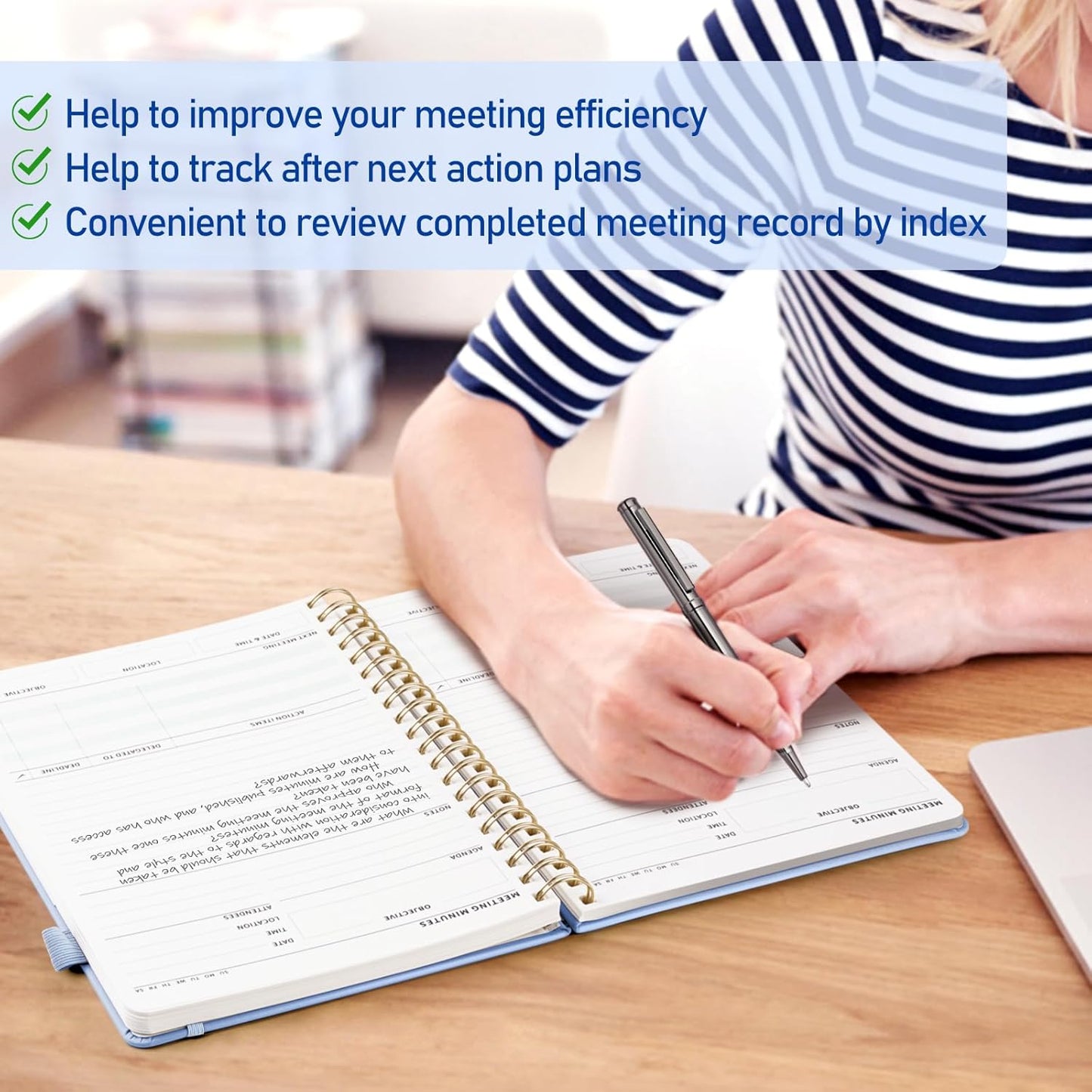 WEMATE Meeting Notebook for Work B5 (7"x10") - PU Leather Work Notebook with Agenda, Action Items & Notes - 200 Pages for Men&Women, Staff and Students, Meeting, Projects Planning - Light Blue