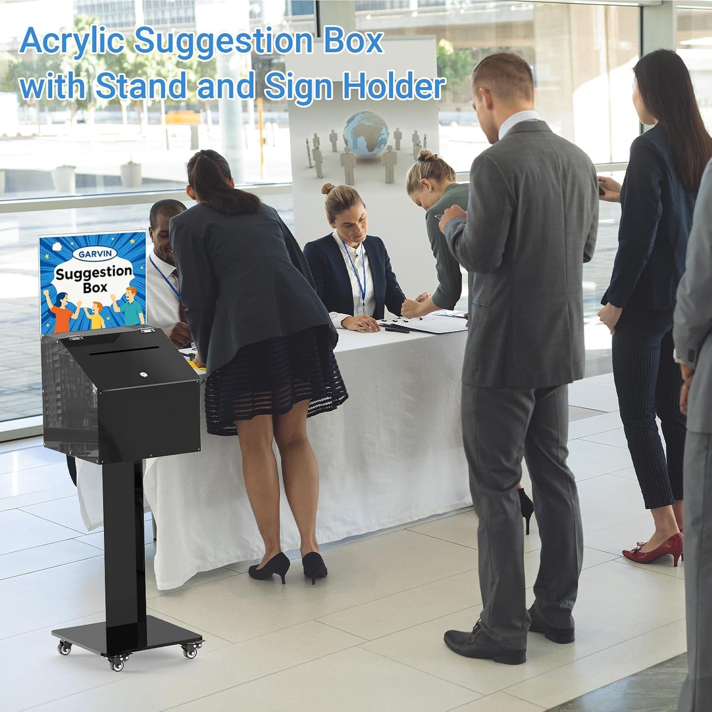 GARVIN Acrylic Suggestion Box with Lock and Key for Voting, Charity, Church & Event Fundraising, Collection Offering/Raffle Ballot Box with Sign Holder Display Stand, Locking Casters, Black