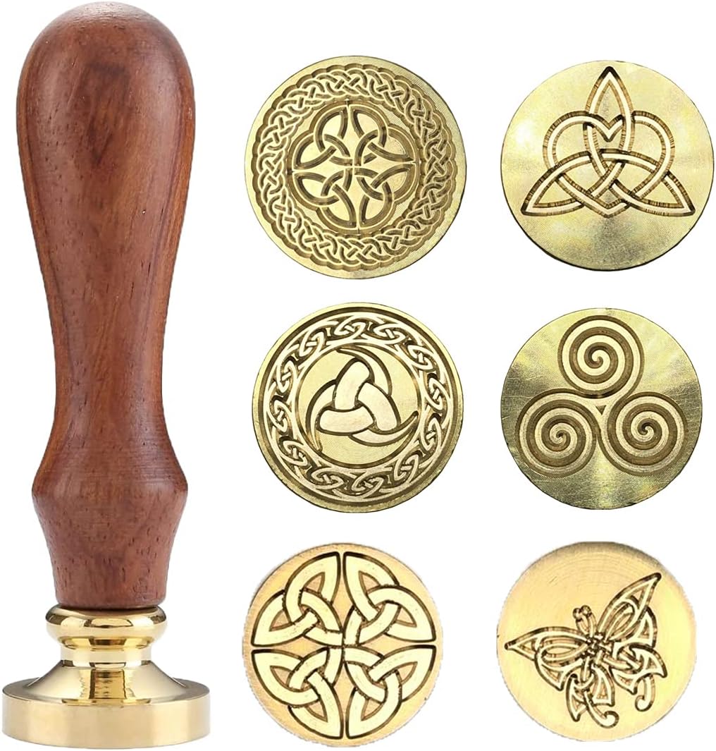 Celtic Knot Seal Wax Stamp with 6 Patterns Removable Brass Head + 1 Wood Handle, Represent Eternal Faith, Friendship, Love and Loyalty